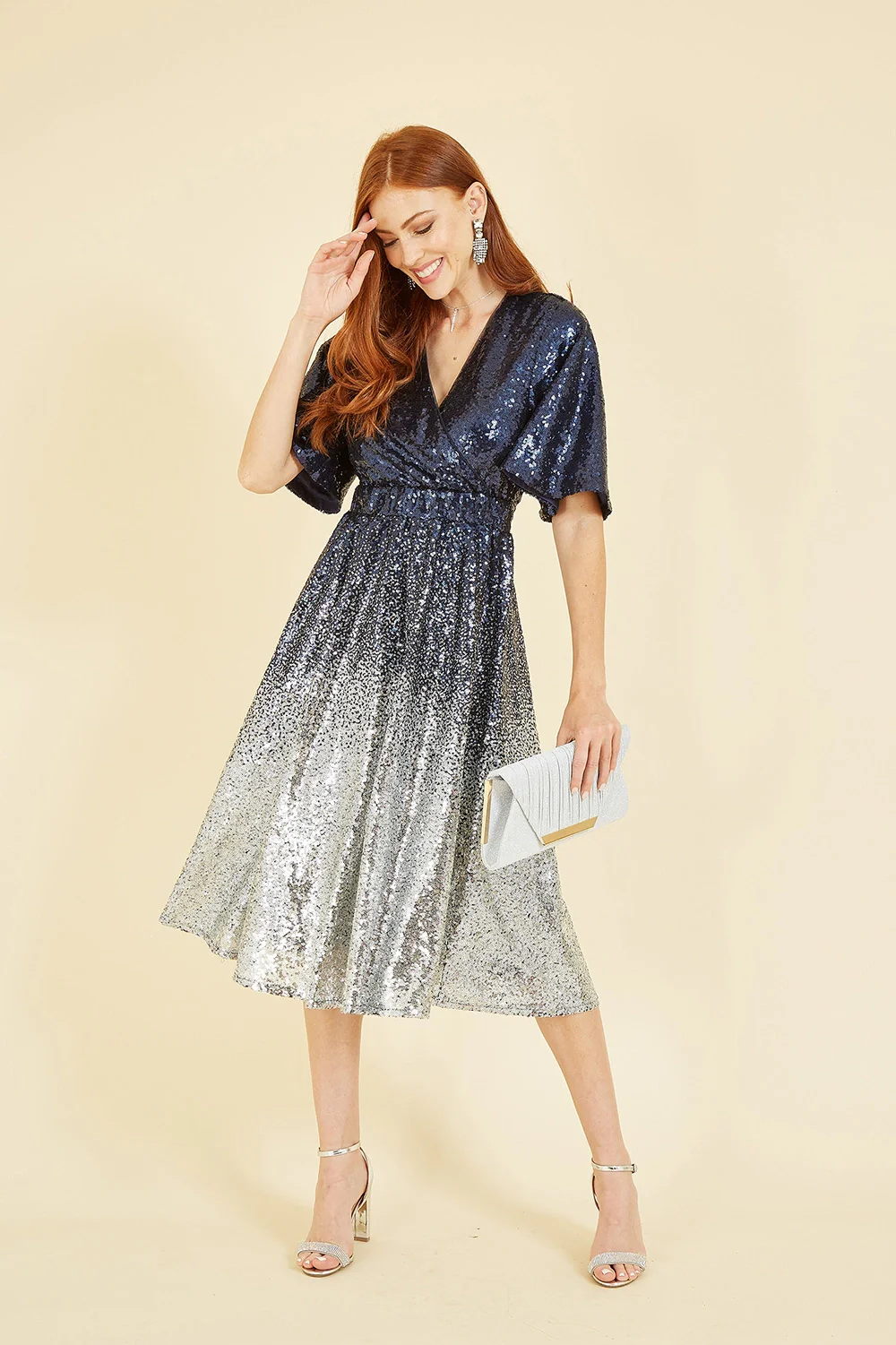 Yumi Navy and Silver Ombre Sequin Midi Wrap Dress - Image 3