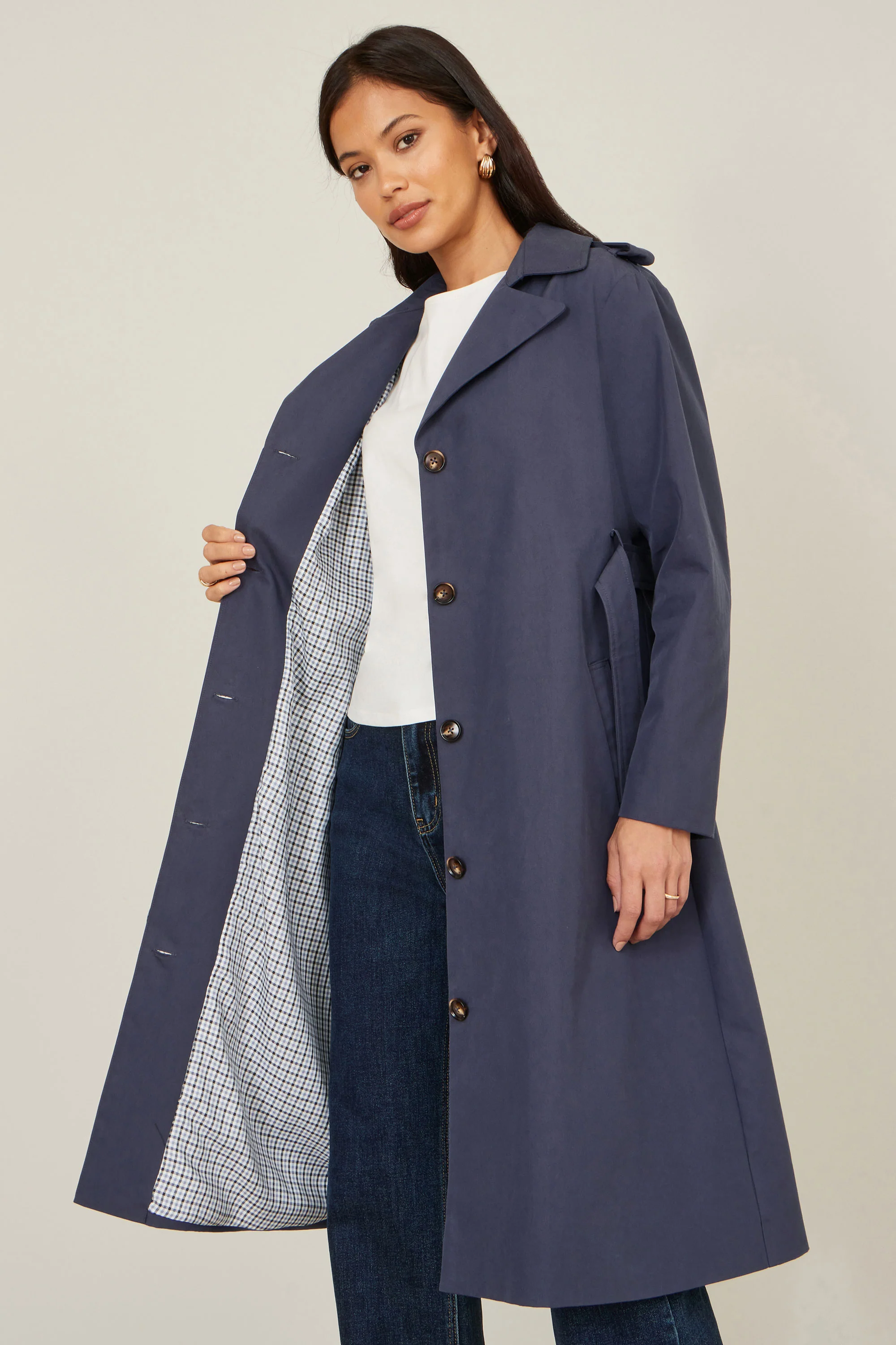 Yumi Navy Belted Long Trench Coat With Belt - Image 3