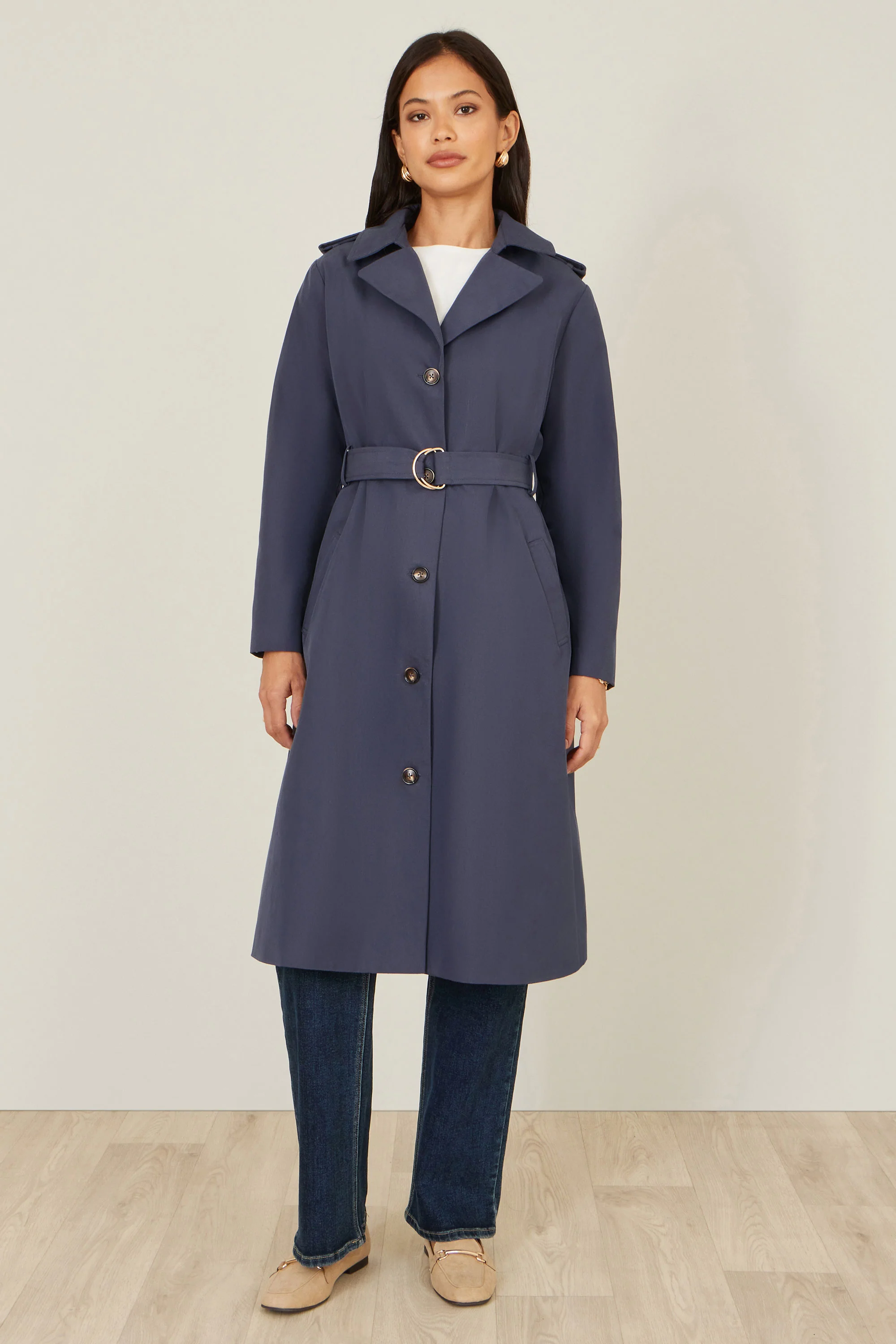 Yumi Navy Belted Long Trench Coat With Belt - Image 4