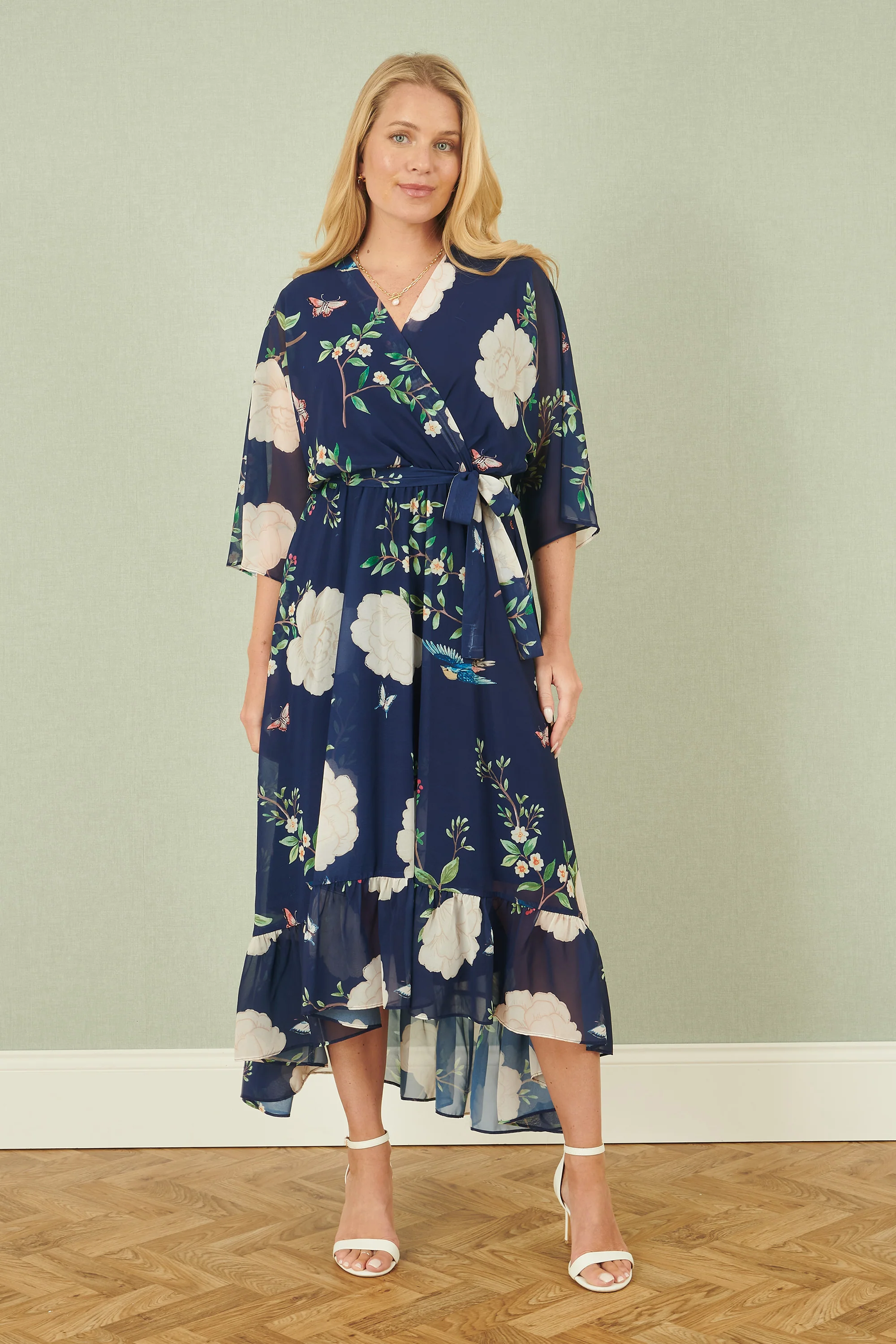 Yumi Navy Bird and Floral Print Midi Wrap Dress - Image 2