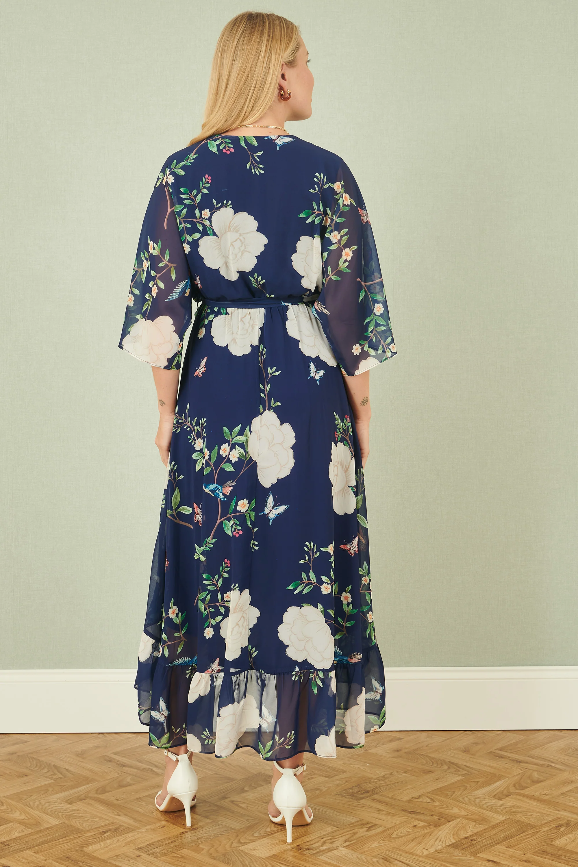 Yumi Navy Bird and Floral Print Midi Wrap Dress - Image 3