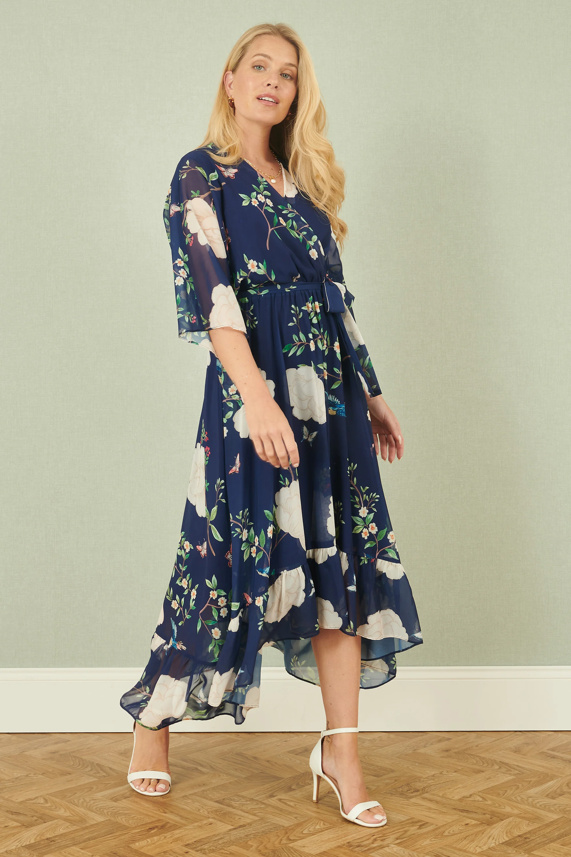 Yumi Navy Bird and Floral Print Midi Wrap Dress - Image 4