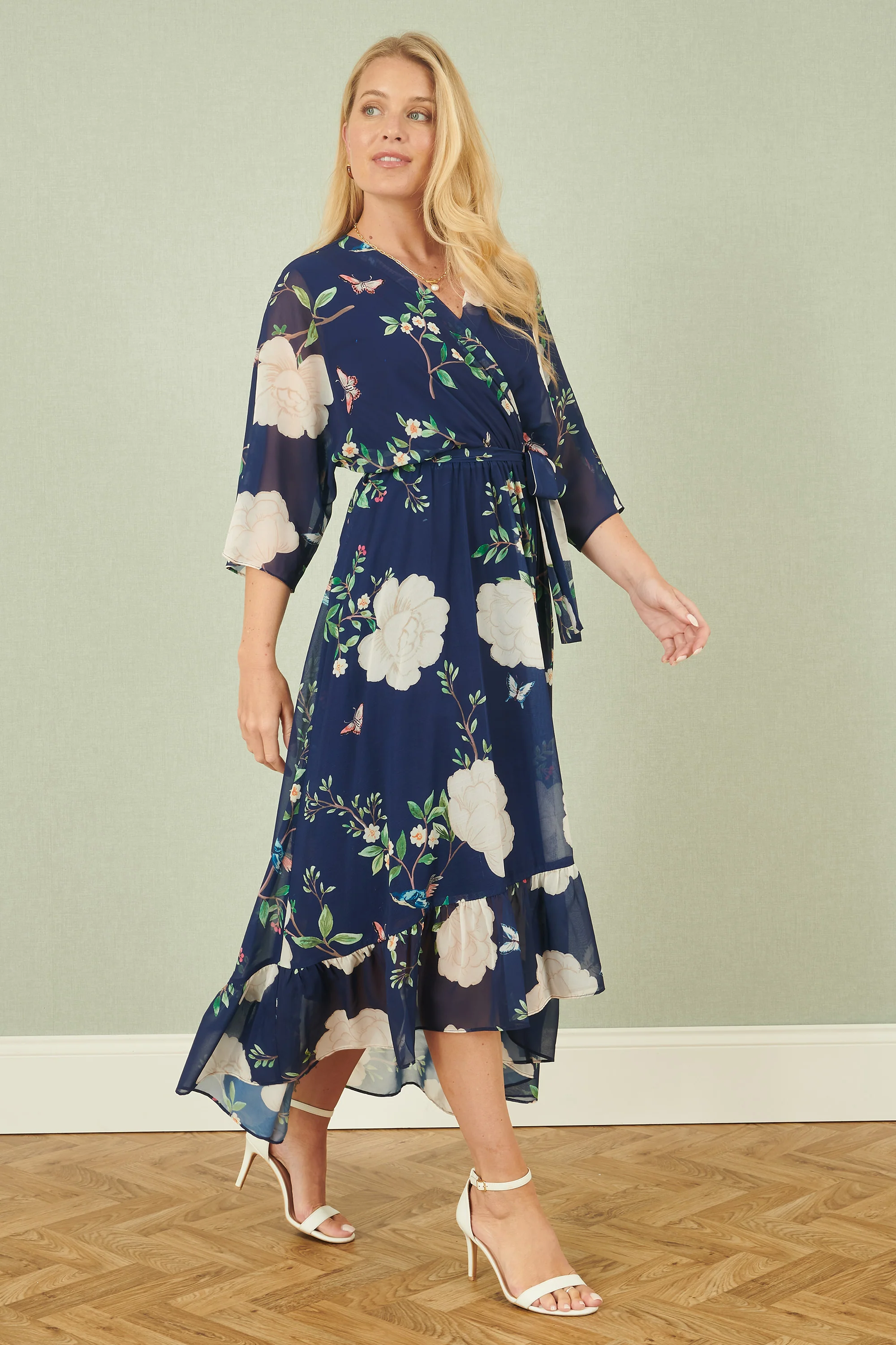 Yumi Navy Bird and Floral Print Midi Wrap Dress - Image 5