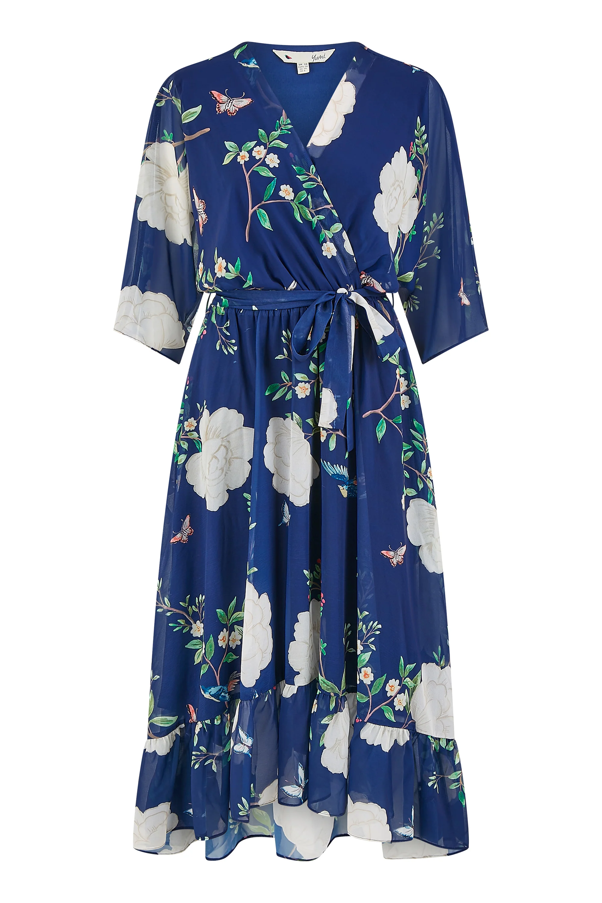 Yumi Navy Bird and Floral Print Midi Wrap Dress - Image 6