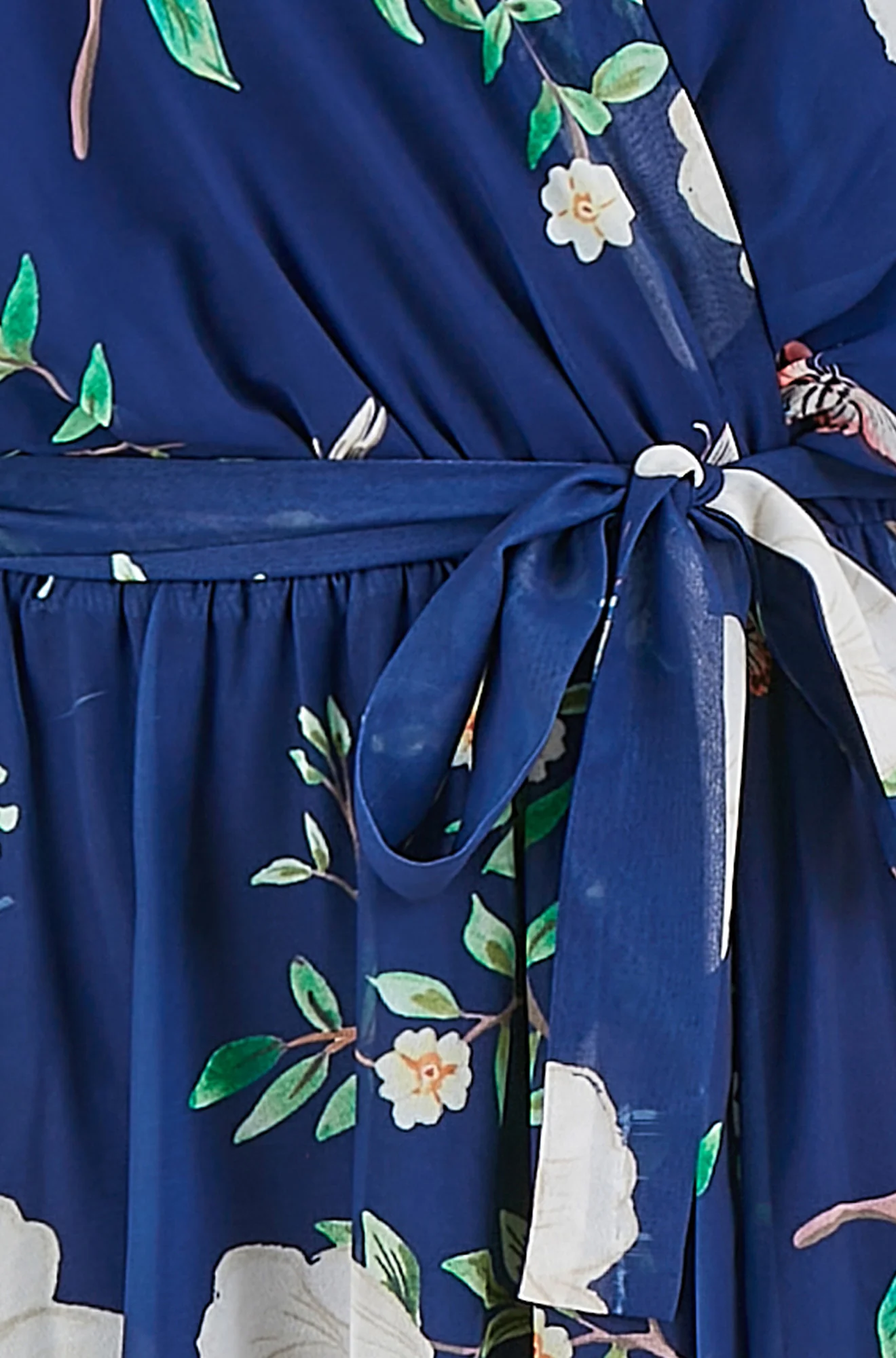 Yumi Navy Bird and Floral Print Midi Wrap Dress - Image 7