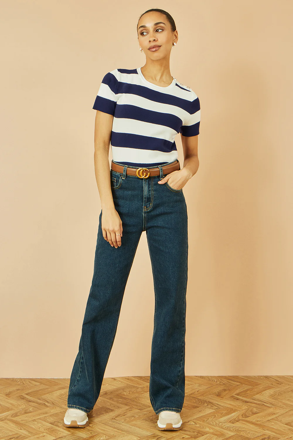 Yumi Navy Block Stripe Knitted Top With Button Details - Image 2