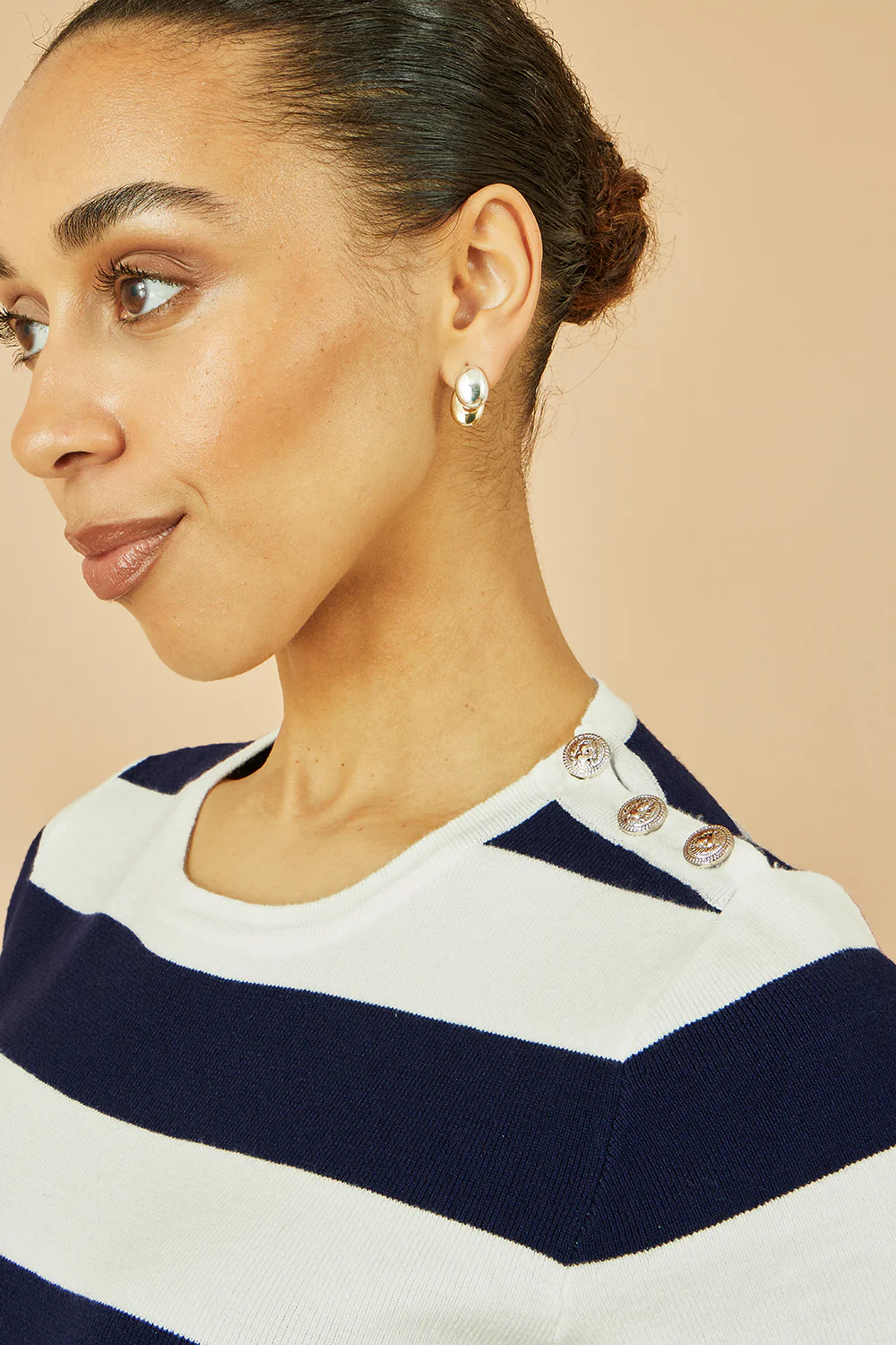 Yumi Navy Block Stripe Knitted Top With Button Details - Image 3