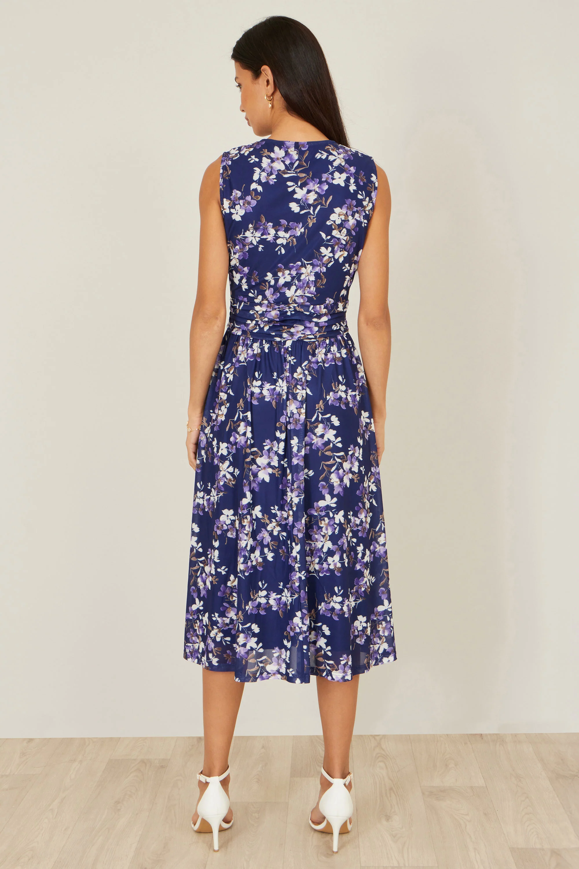 Yumi Navy Blossom Print Mesh Stretch Midi Dress With Pockets - Image 4
