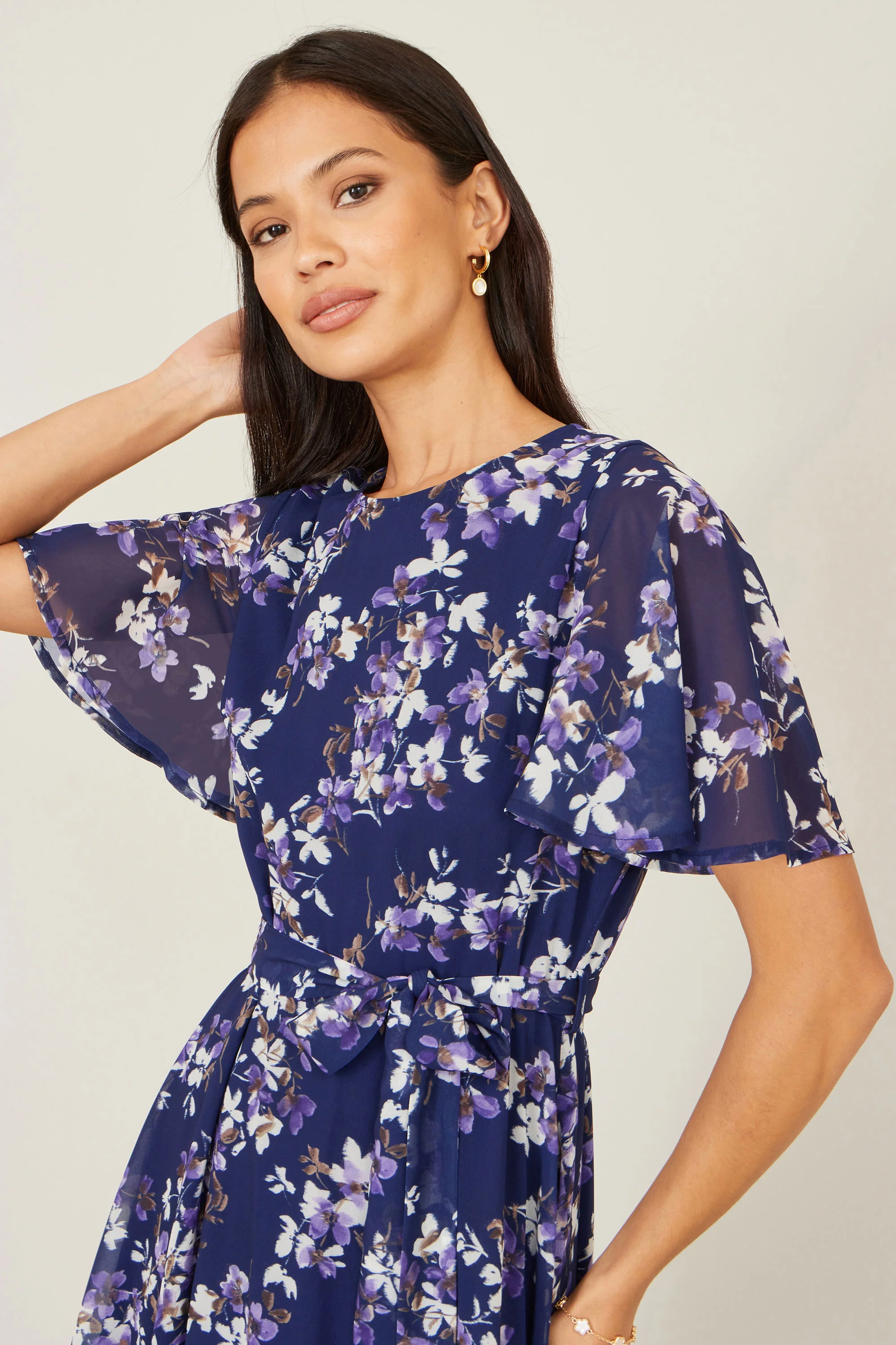Yumi Navy Blossom Print Midi Skater Dress With Angel Sleeves - Image 2