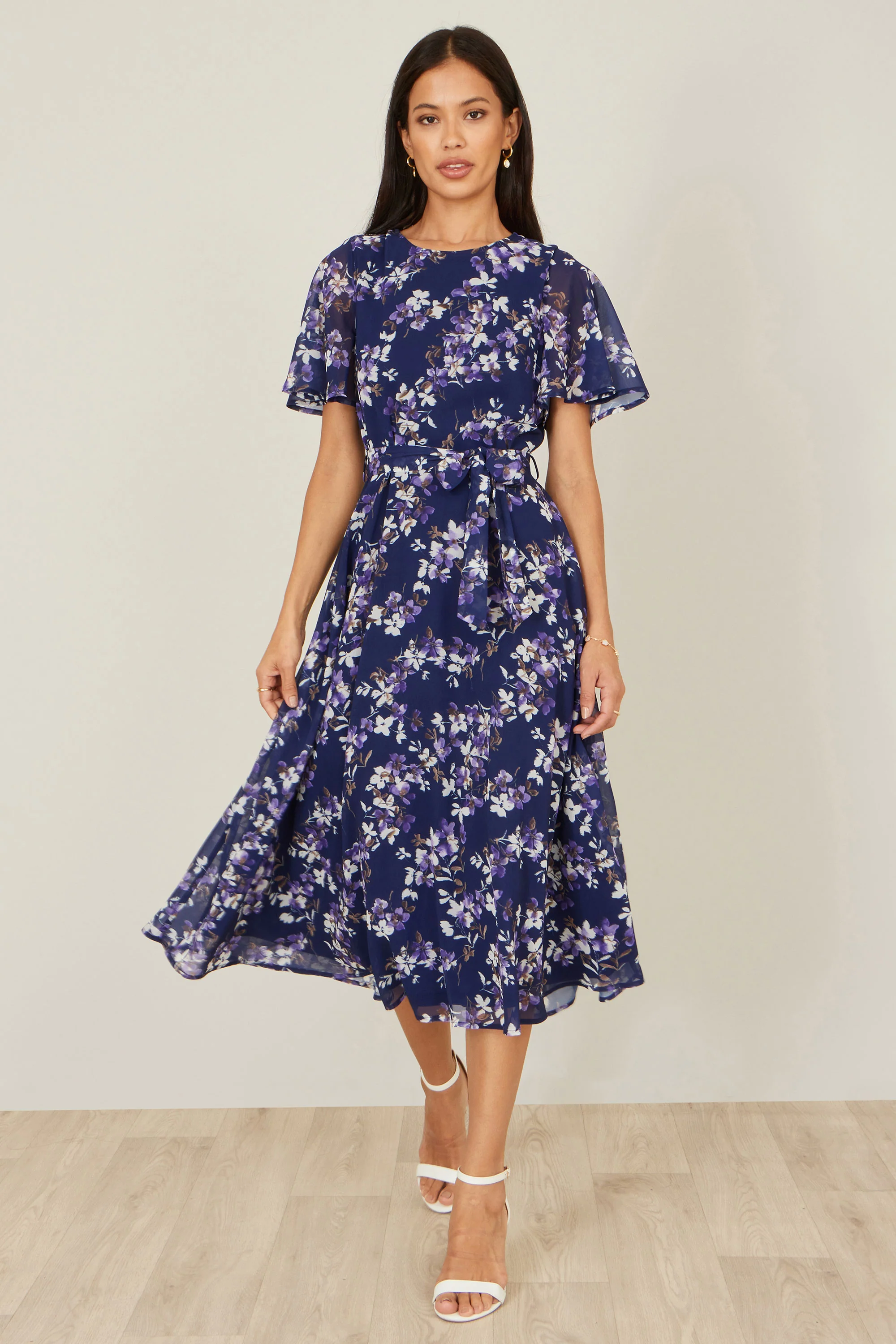 Yumi Navy Blossom Print Midi Skater Dress With Angel Sleeves - Image 3