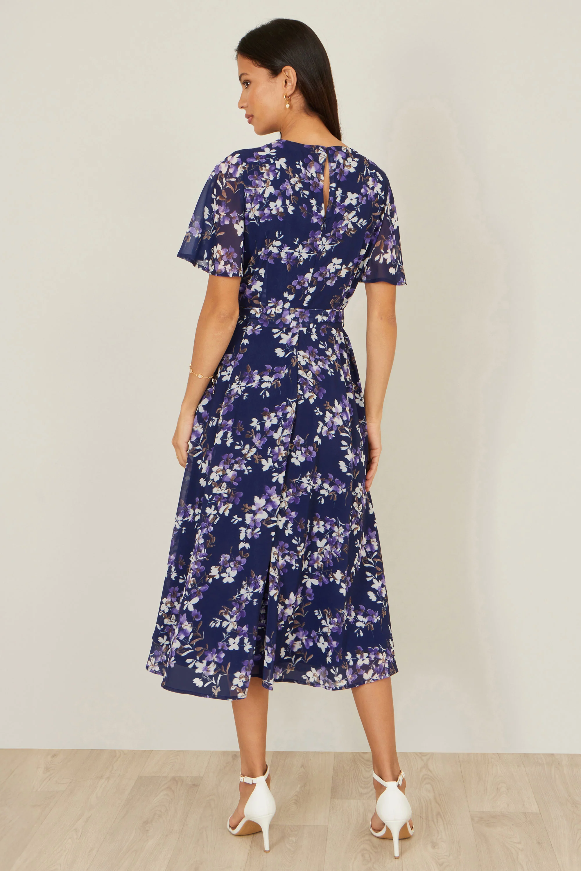 Yumi Navy Blossom Print Midi Skater Dress With Angel Sleeves - Image 4