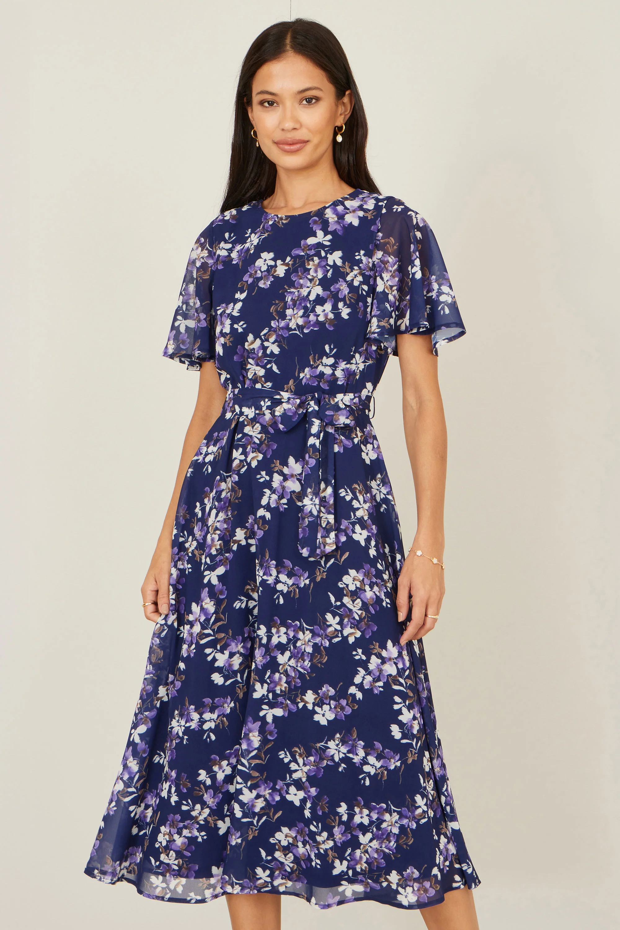 Yumi Navy Blossom Print Midi Skater Dress With Angel Sleeves - Image 5
