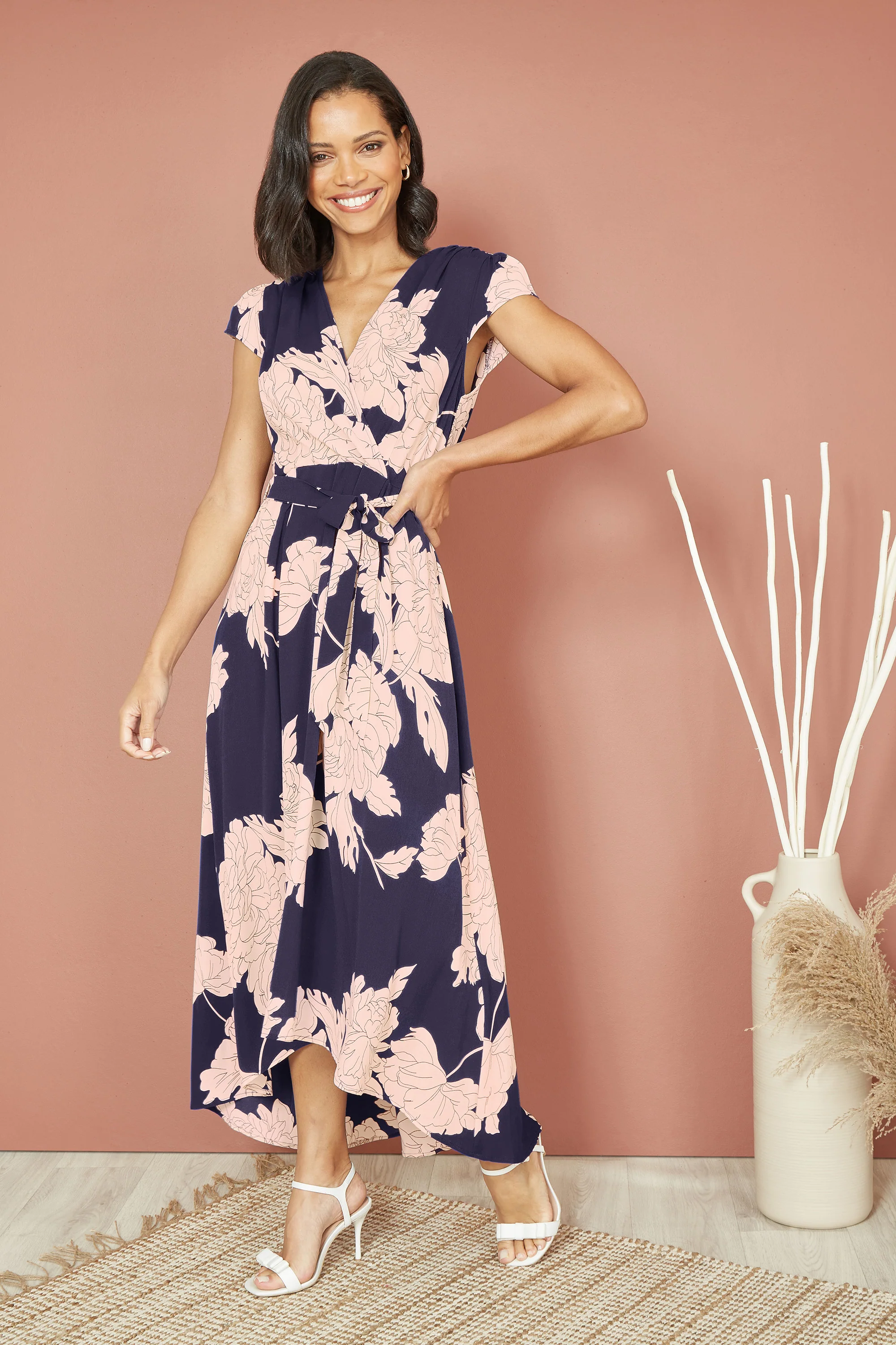 Yumi Navy Blossom Print Wrap Midi With Dipped Hem - Image 3
