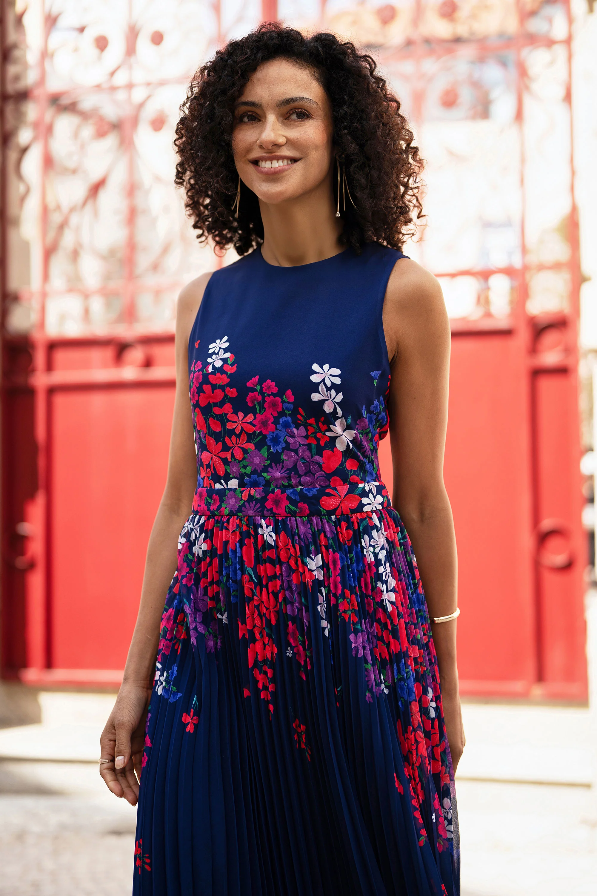 Yumi Navy Border Floral Print Midi Dress With Pleats - Image 2