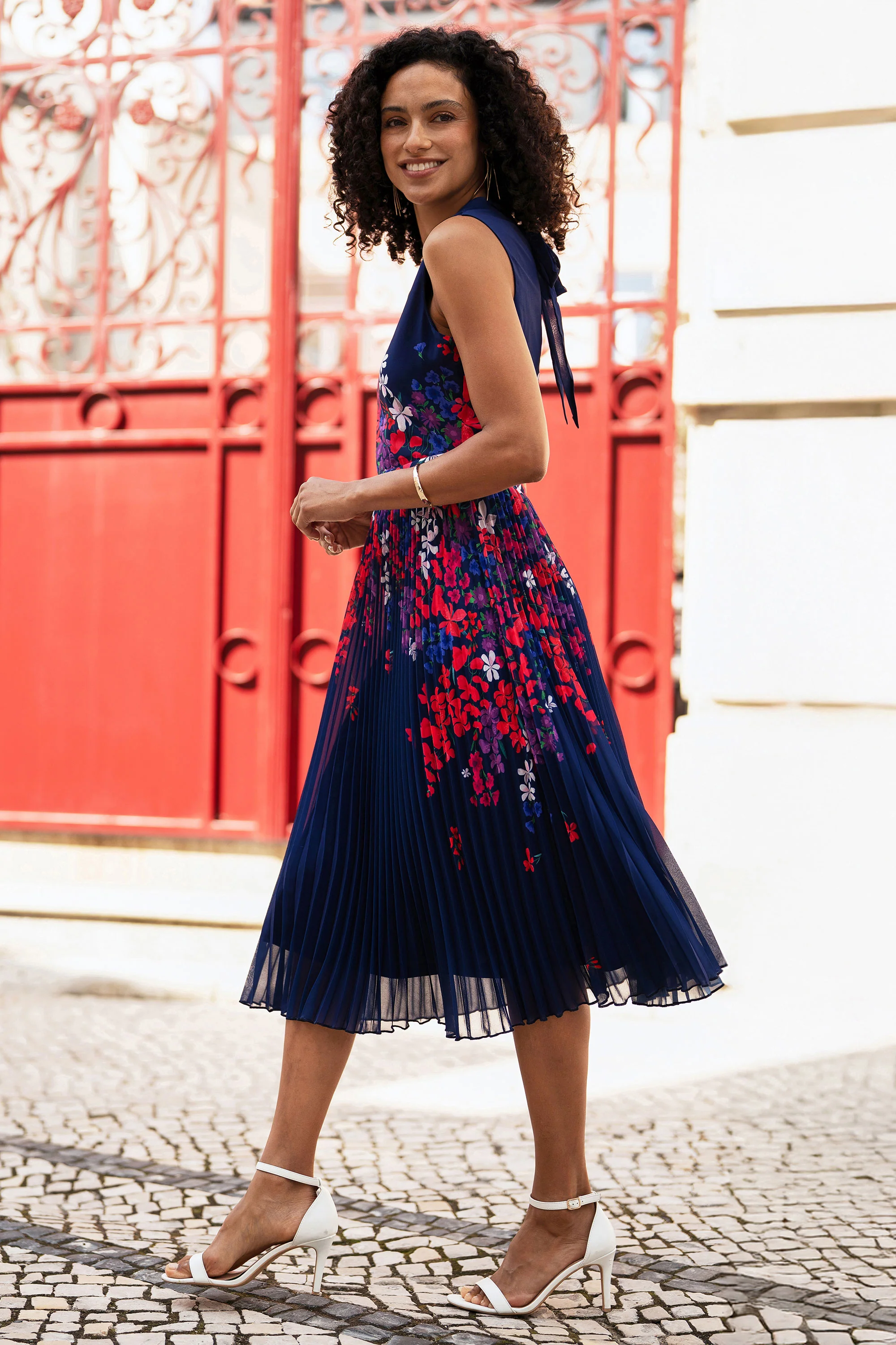 Yumi Navy Border Floral Print Midi Dress With Pleats - Image 6