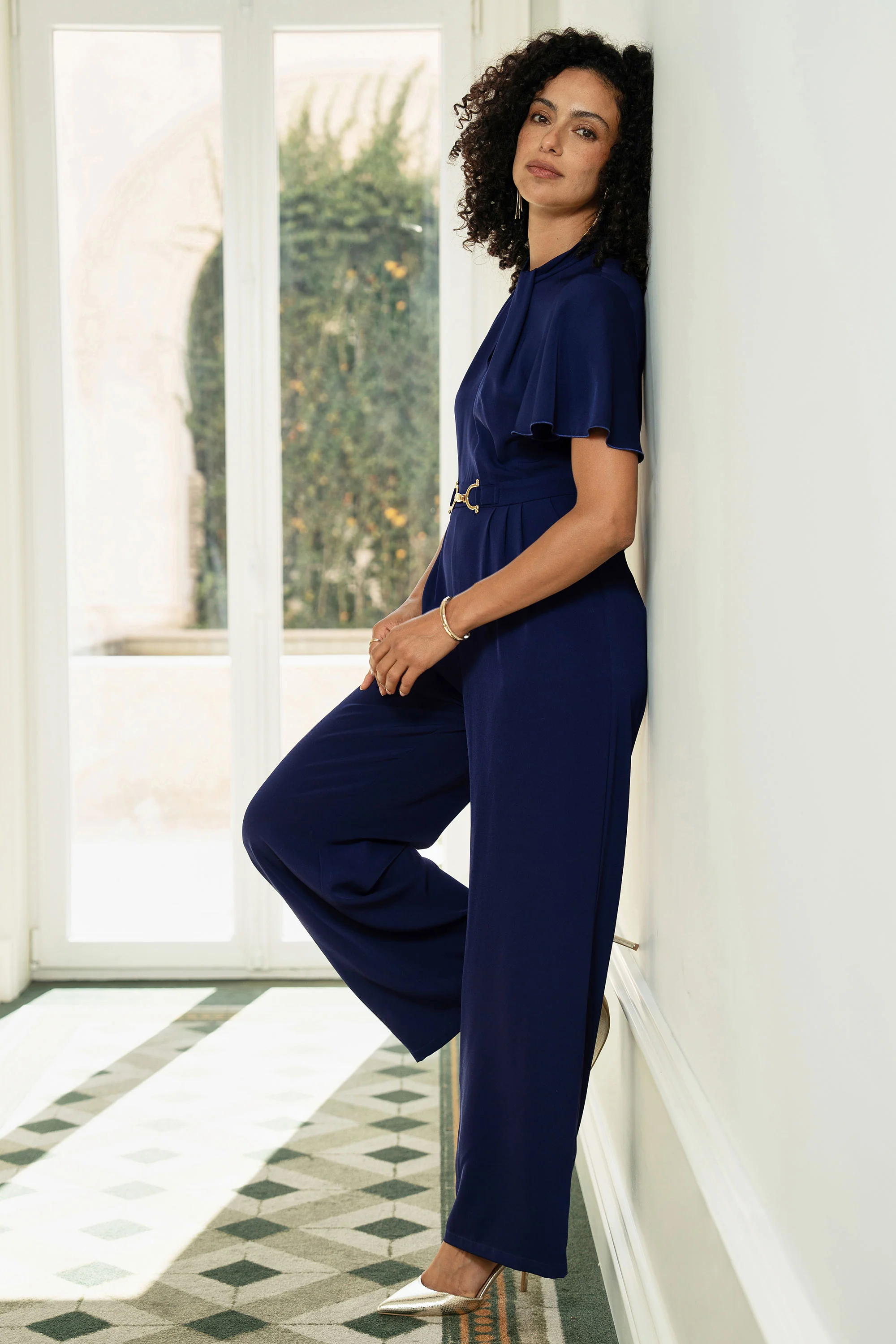 Yumi Navy Buckle Jumpsuit With Twist Knot Detail - Image 2