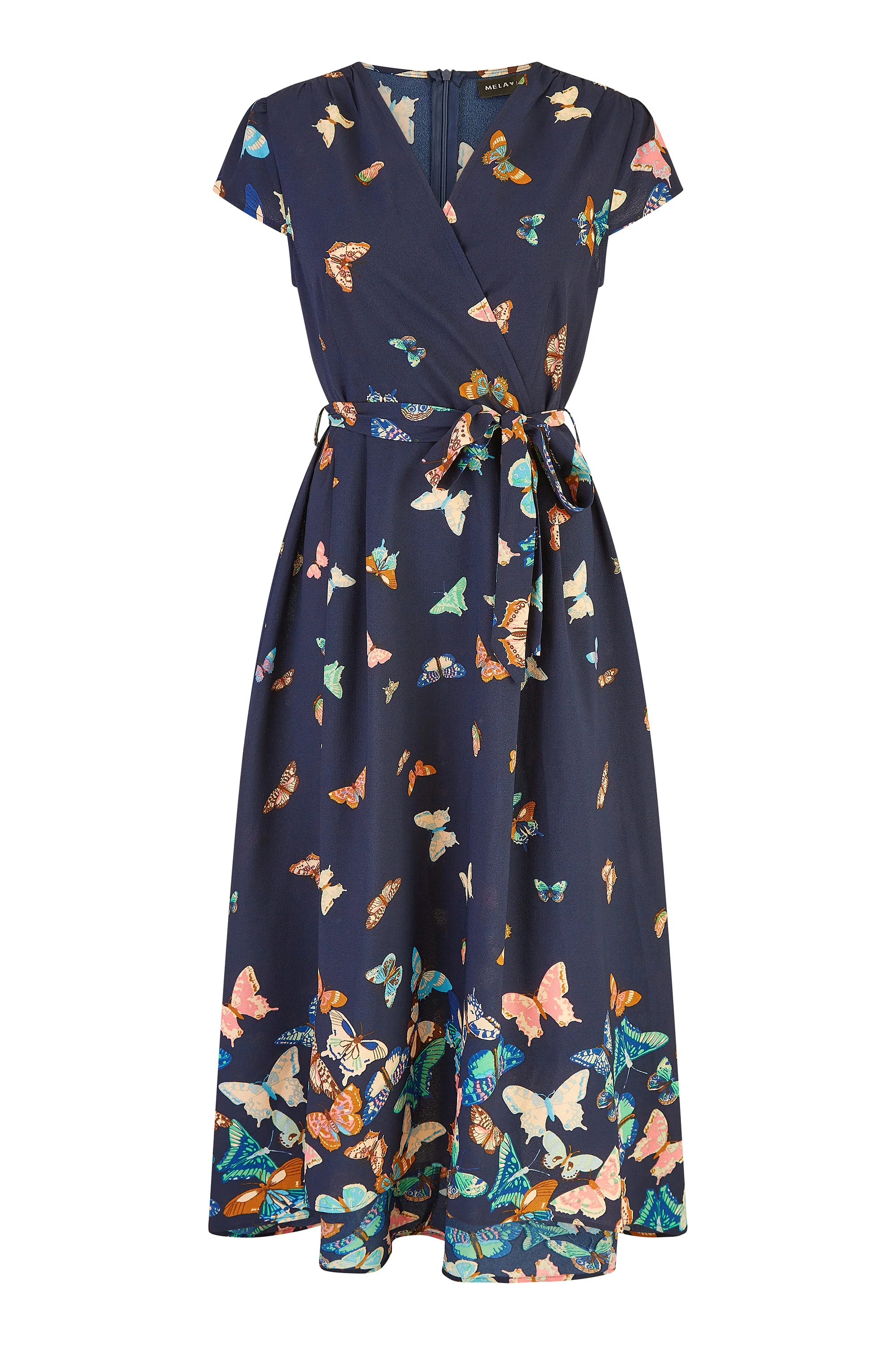 Yumi Navy Butterfly Print Dip Hem Midi Wrap Dress - Image 3