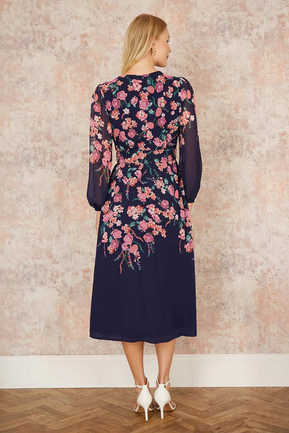 Yumi Navy Button Up Midi Dress With Floral Placement And Long Sleeves - Image 3