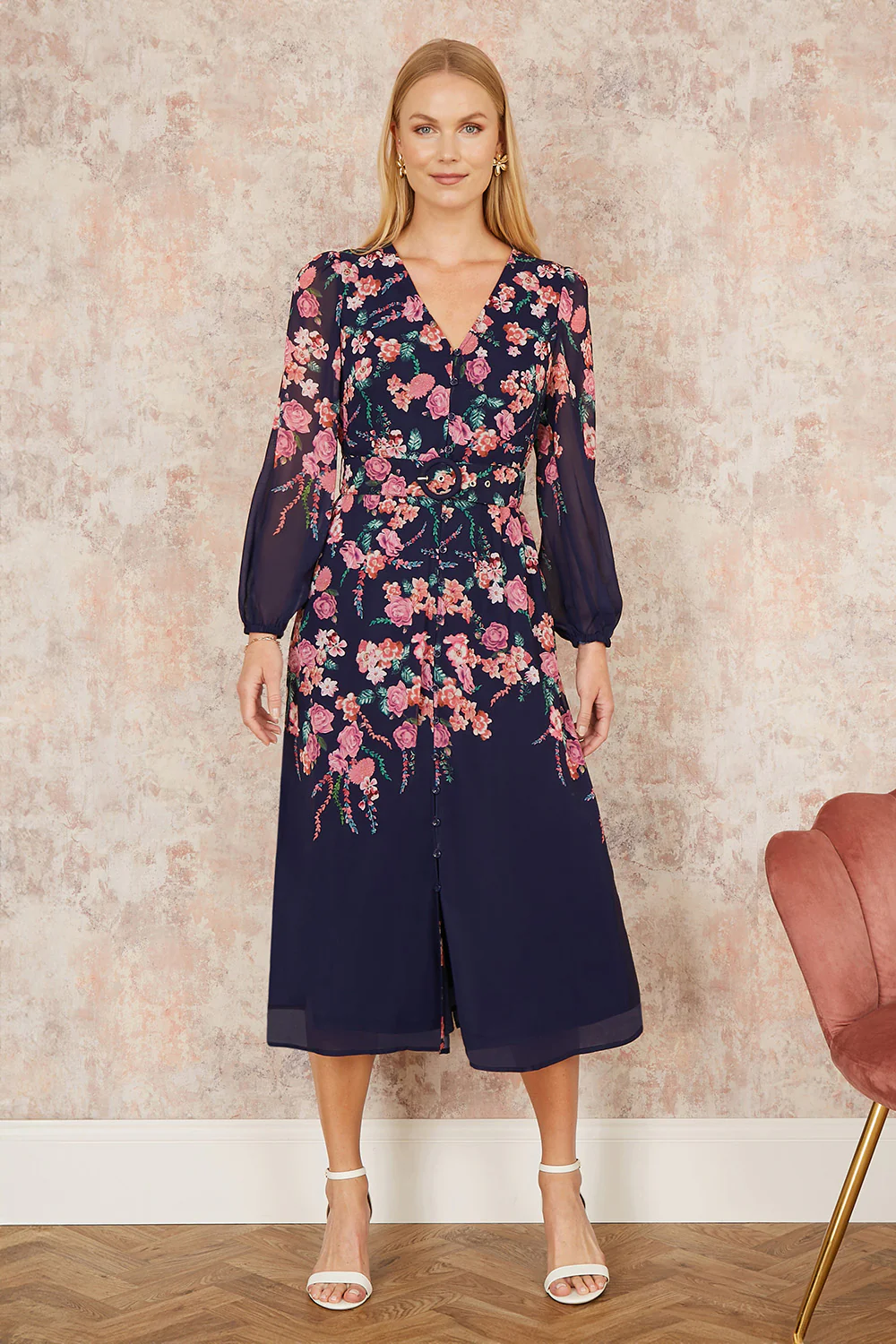 Yumi Navy Button Up Midi Dress With Floral Placement And Long Sleeves - Image 4