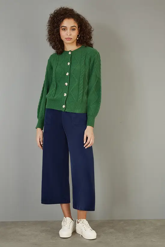 Yumi Navy Cord Cropped Wide Leg Trousers With Pockets - Image 3