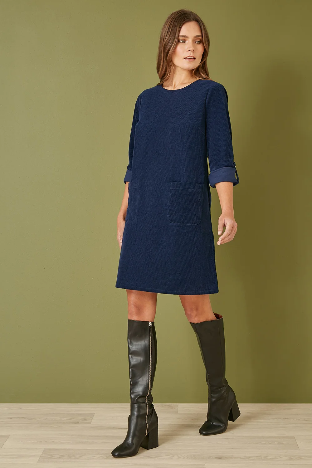 Yumi Navy Cord Tunic Dress With 3/4 Sleeves And Pockets - Image 3