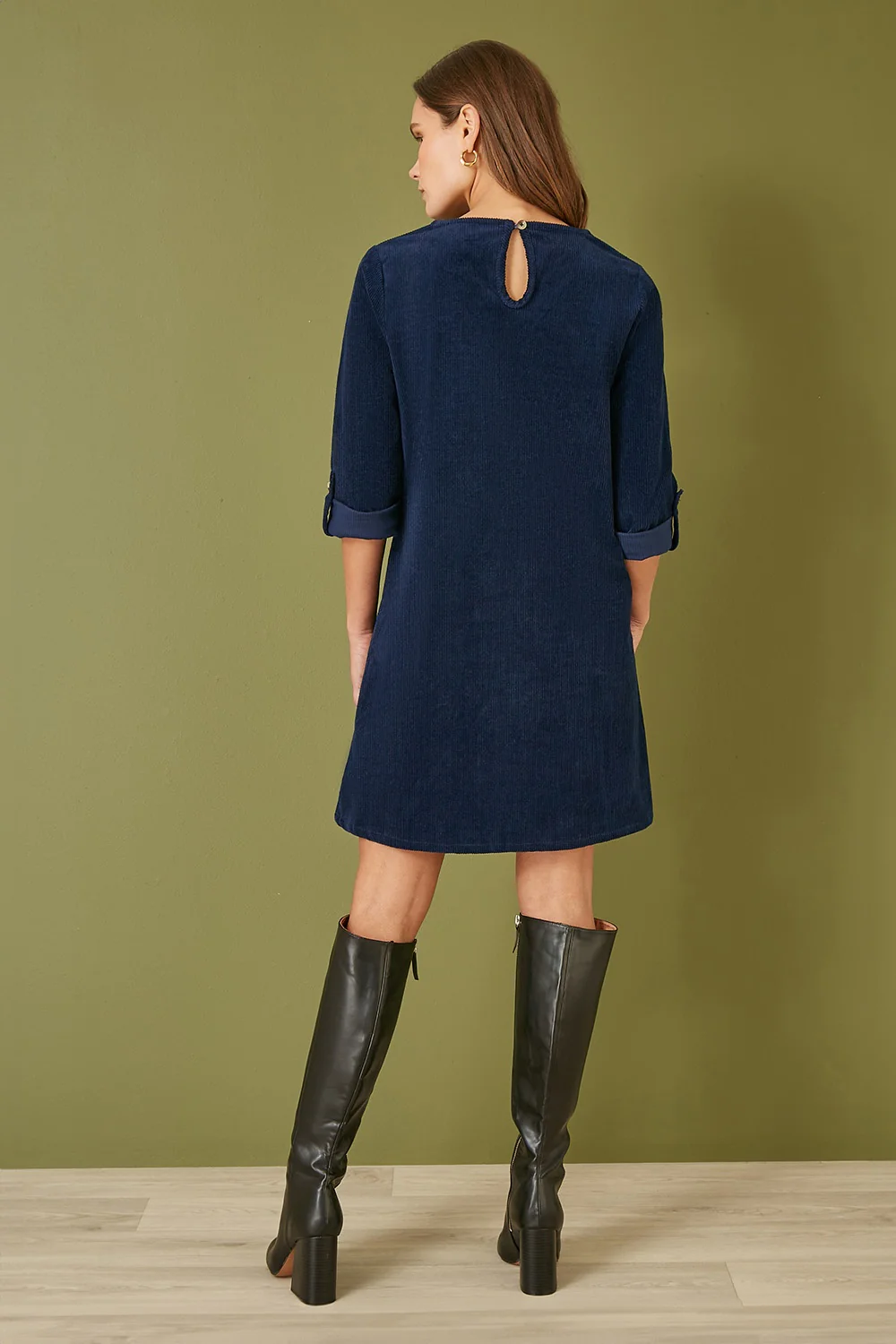 Yumi Navy Cord Tunic Dress With 3/4 Sleeves And Pockets - Image 5