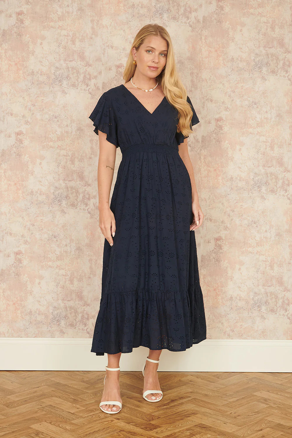 Yumi Navy Cotton Broderie Anglaise Wrap Midi Dress - Image 3