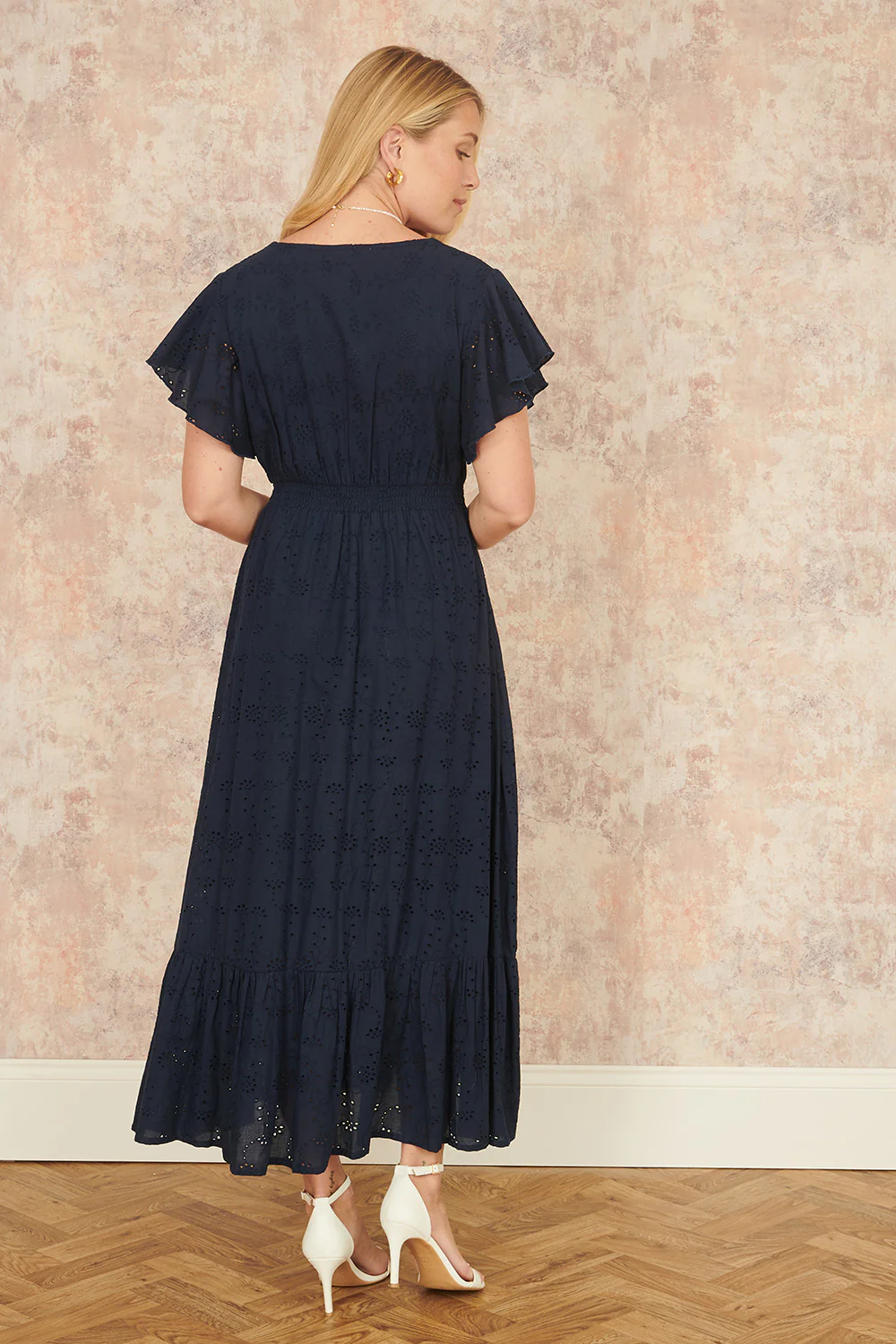 Yumi Navy Cotton Broderie Anglaise Wrap Midi Dress - Image 4