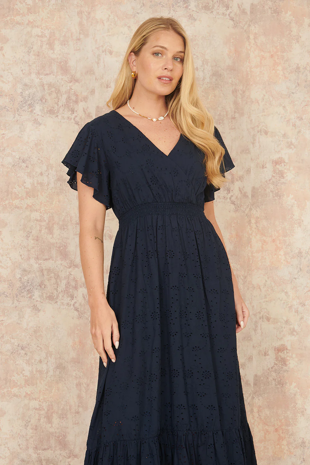 Yumi Navy Cotton Broderie Anglaise Wrap Midi Dress - Image 5