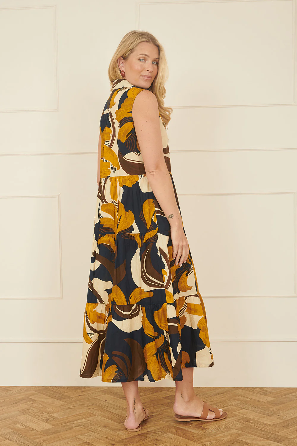 Yumi Navy Cotton Leaf Midi Sleeveless Shirt Dress - Image 3