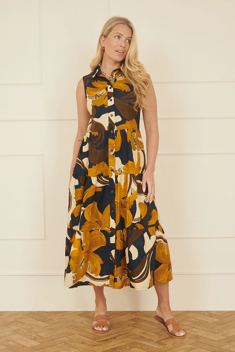 Yumi Navy Cotton Leaf Midi Sleeveless Shirt Dress - Image 4