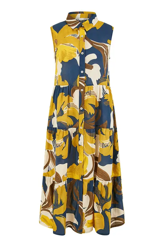 Yumi Navy Cotton Leaf Midi Sleeveless Shirt Dress - Image 5