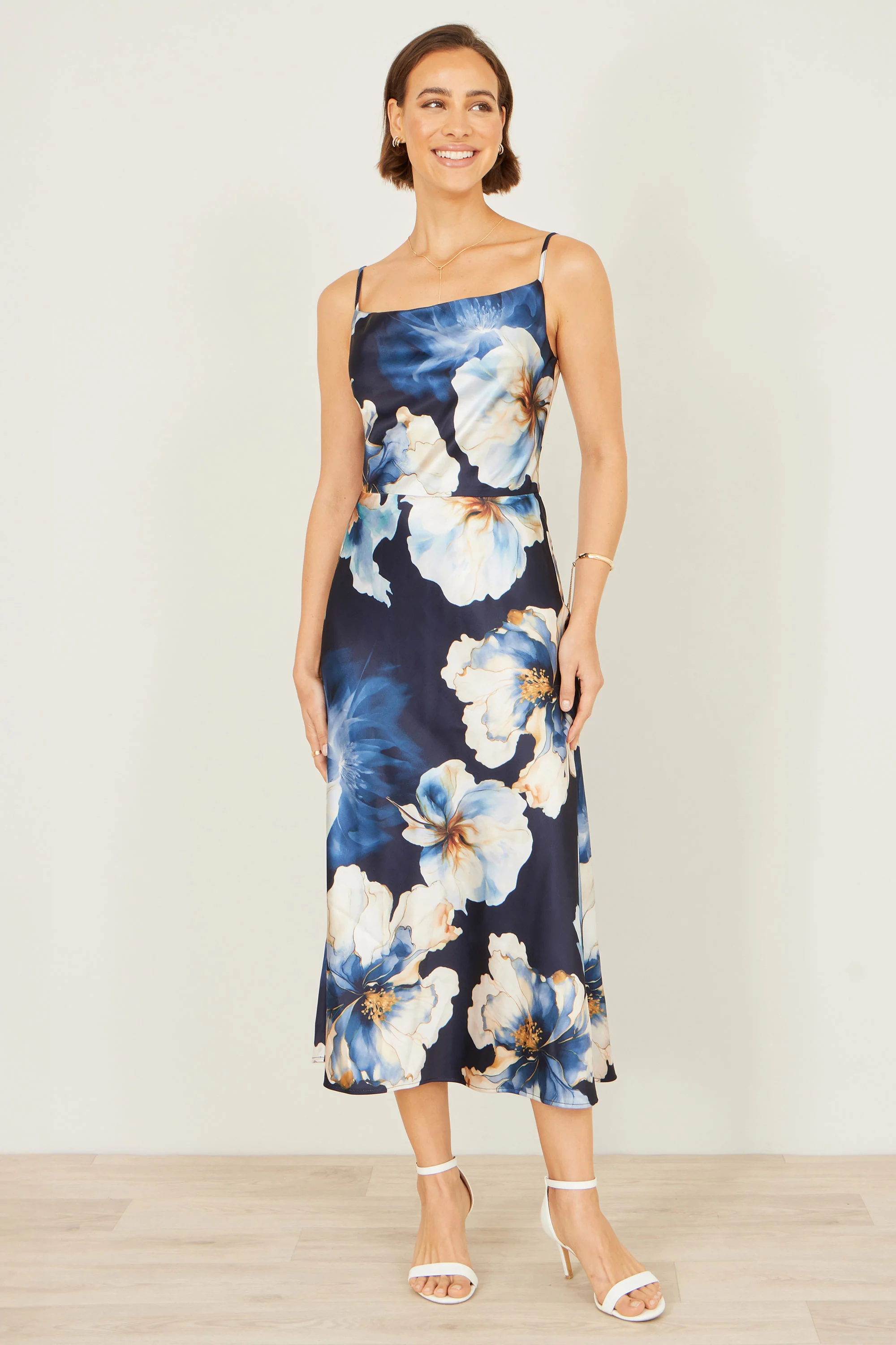 Yumi Navy Cowl Neck Satin Floral Dress - Image 3