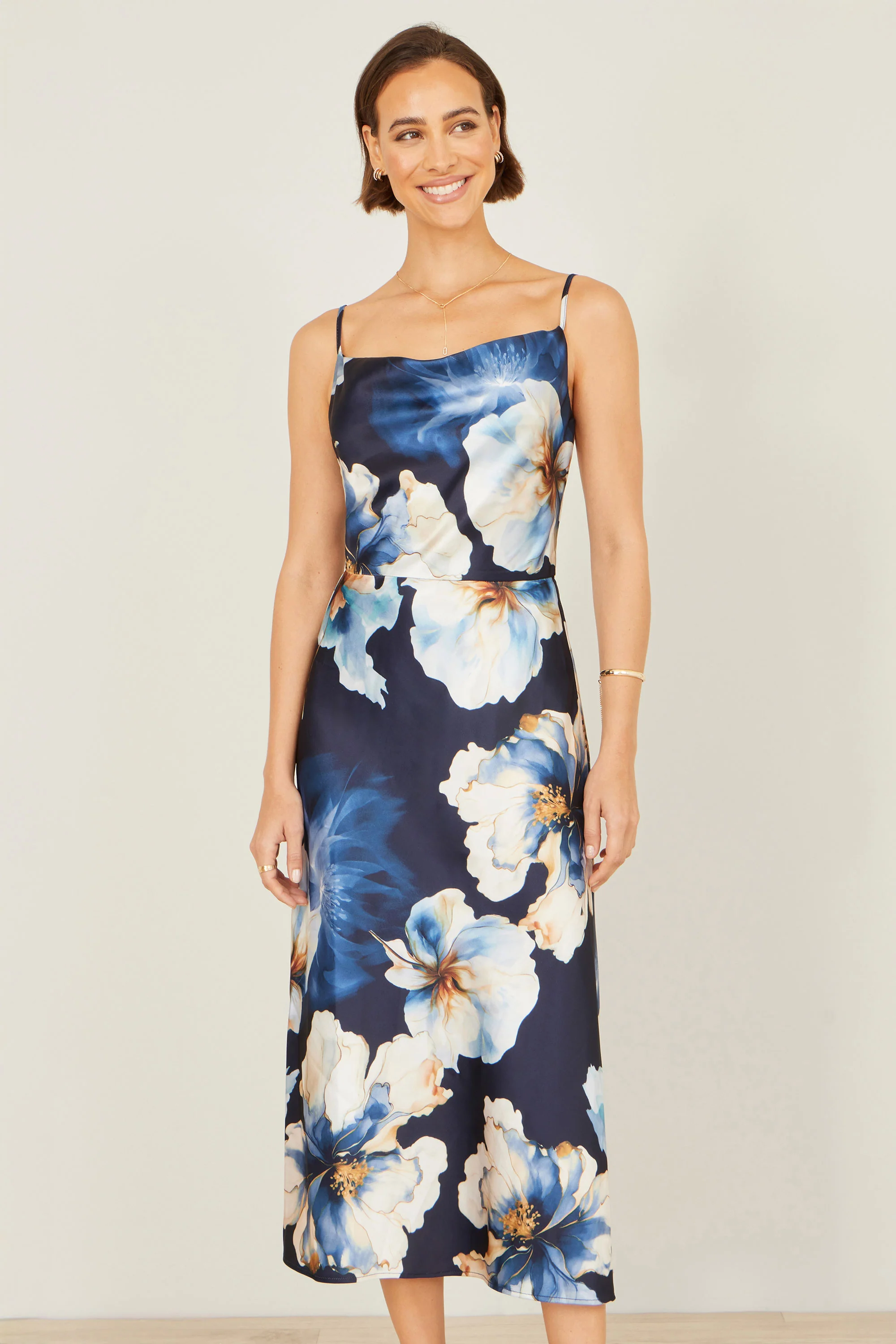 Yumi Navy Cowl Neck Satin Floral Dress - Image 4