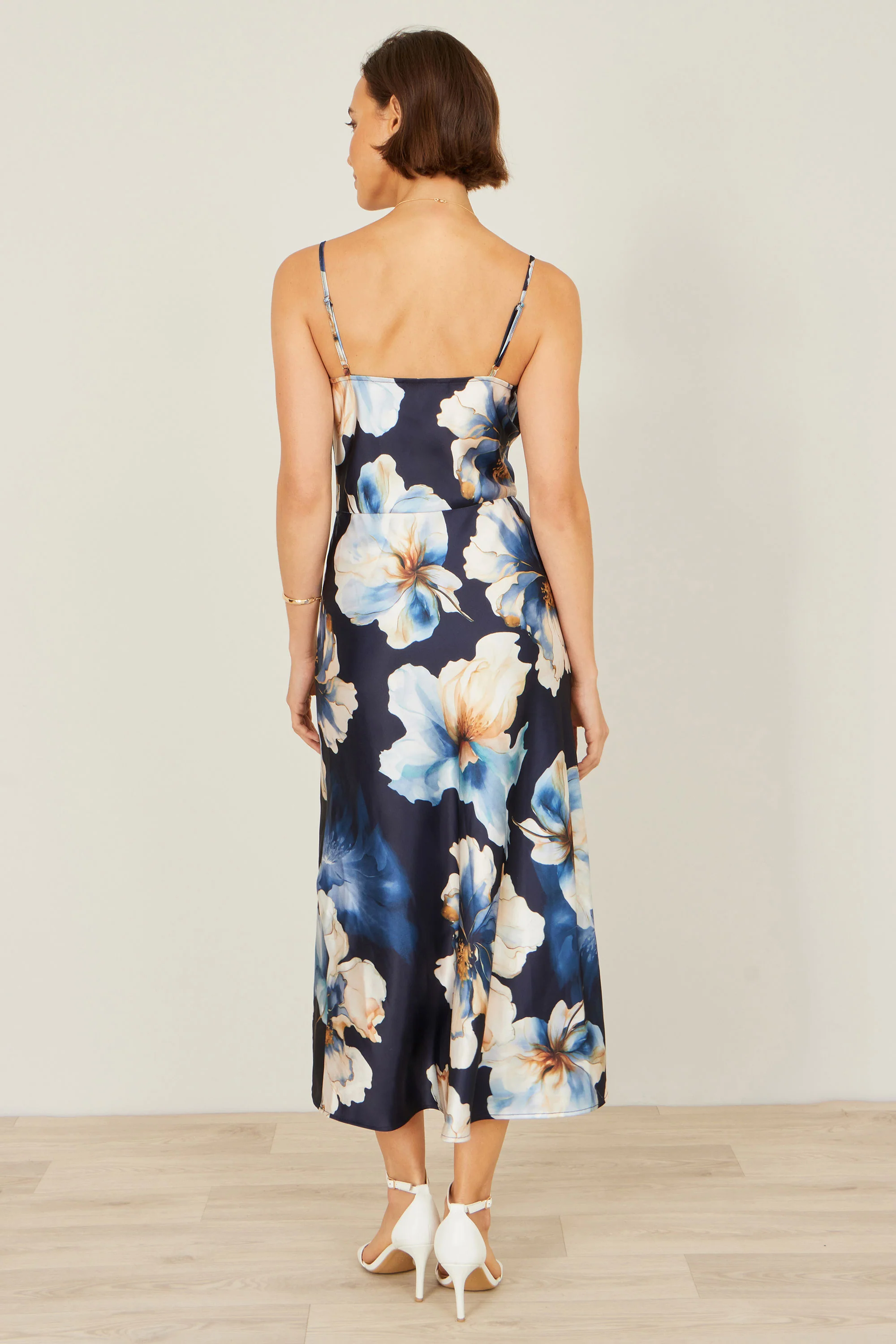 Yumi Navy Cowl Neck Satin Floral Dress - Image 5