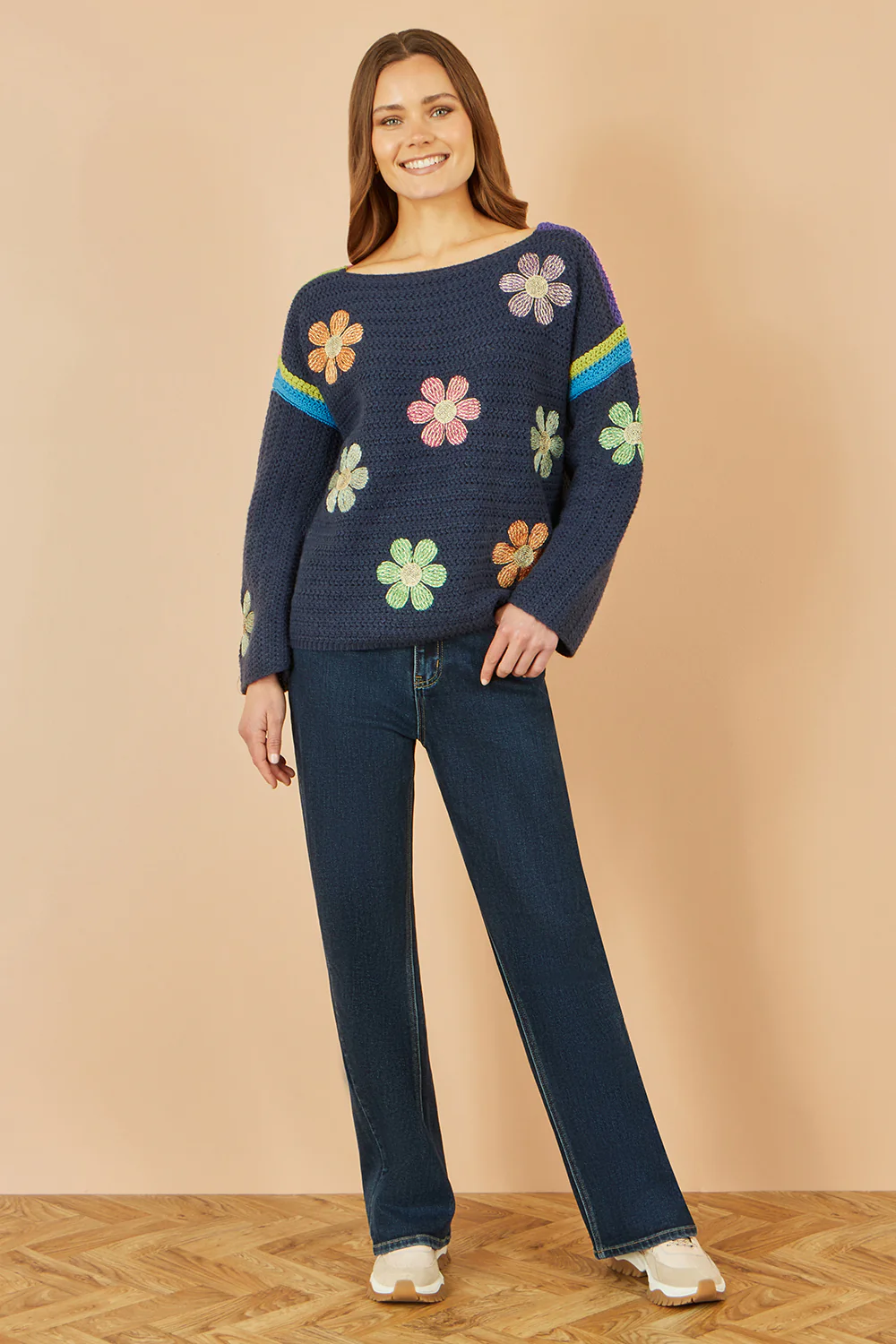 Yumi Navy Crochet Flower Jumper - Image 2