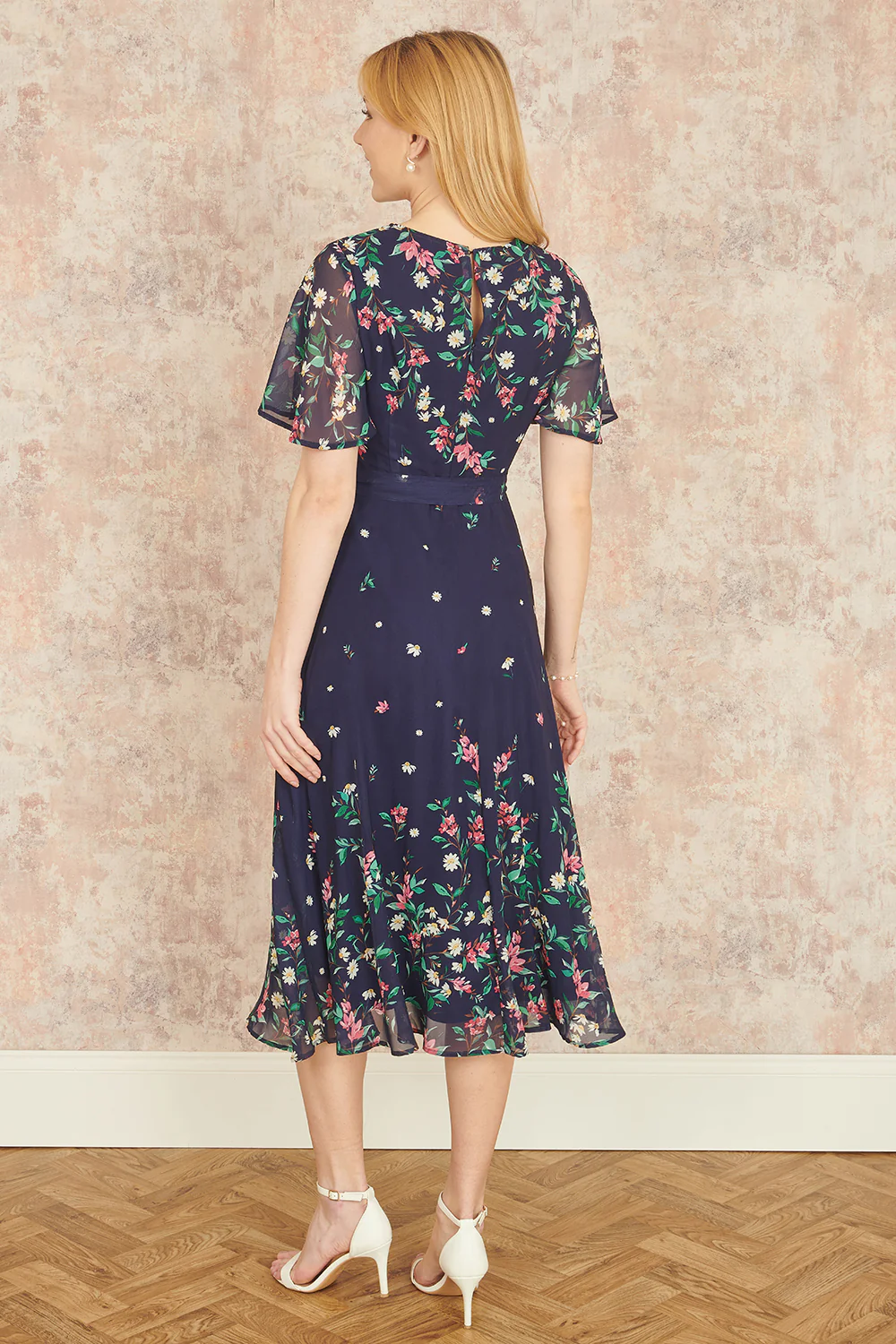 Yumi Navy Daisy Mirror Placement Skater Dress With Angel Sleeves - Image 4