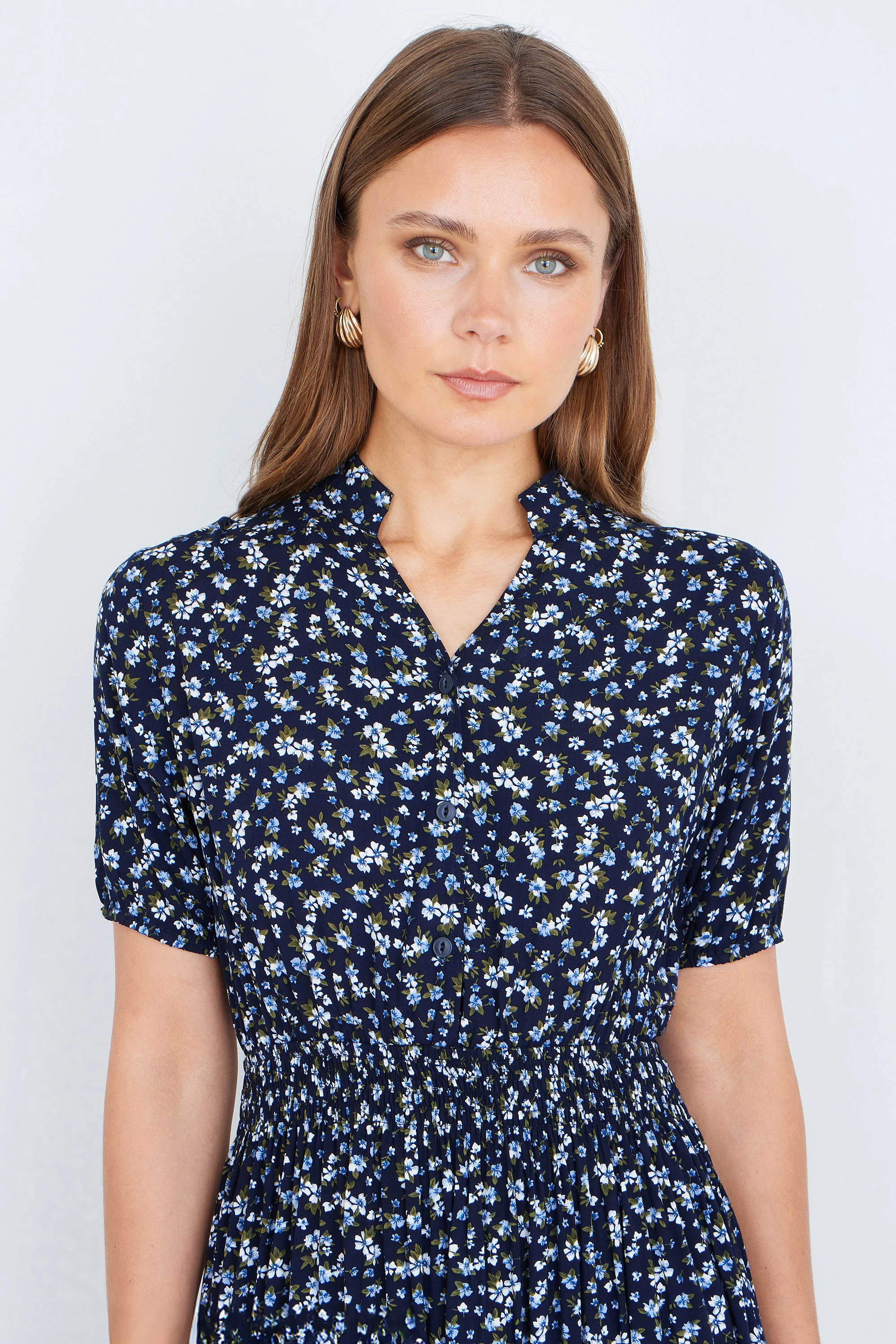 Yumi Navy Ditsy Floral Midi Shirt Dress With Ruched Waist - Image 2