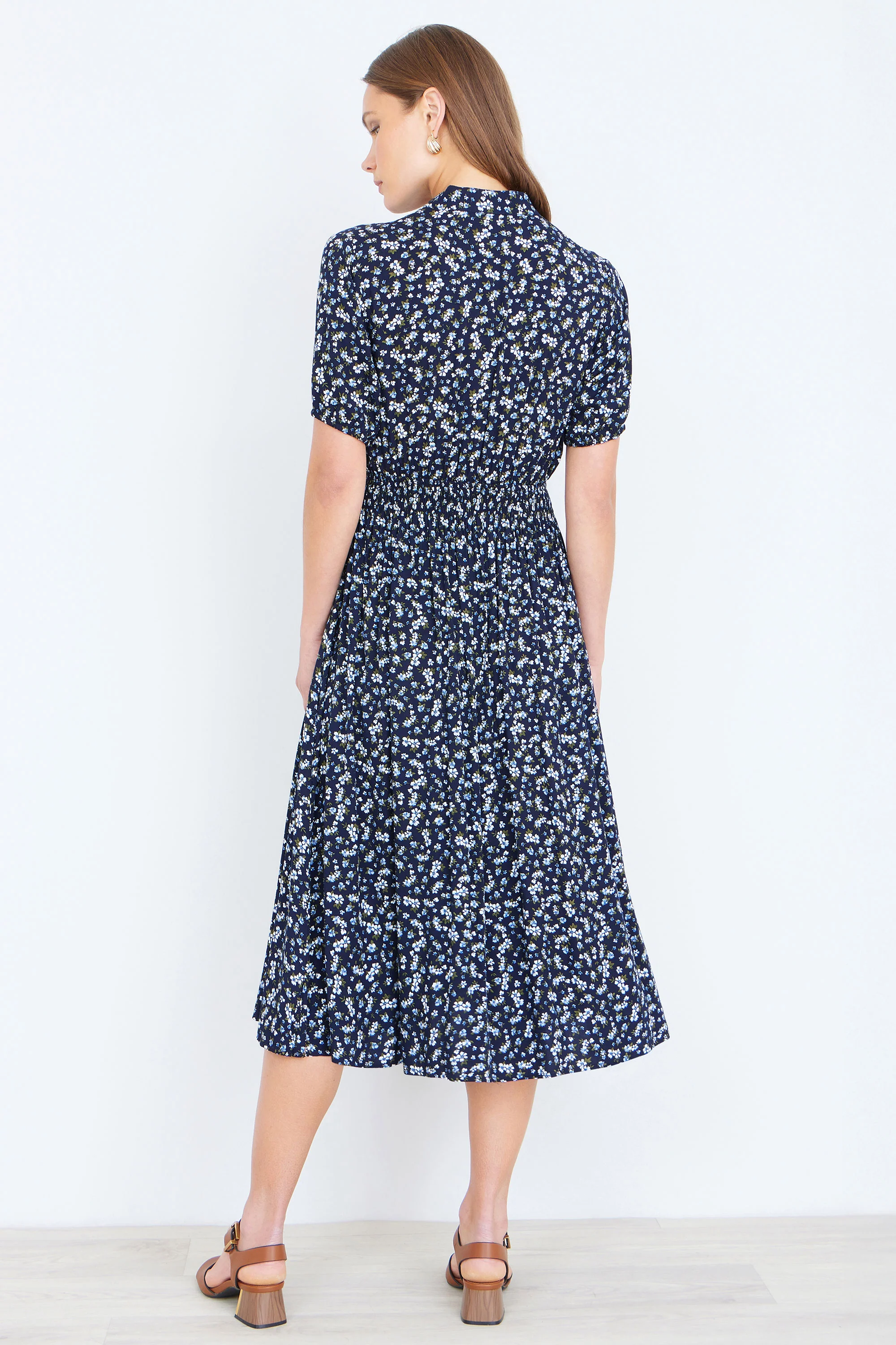Yumi Navy Ditsy Floral Midi Shirt Dress With Ruched Waist - Image 3