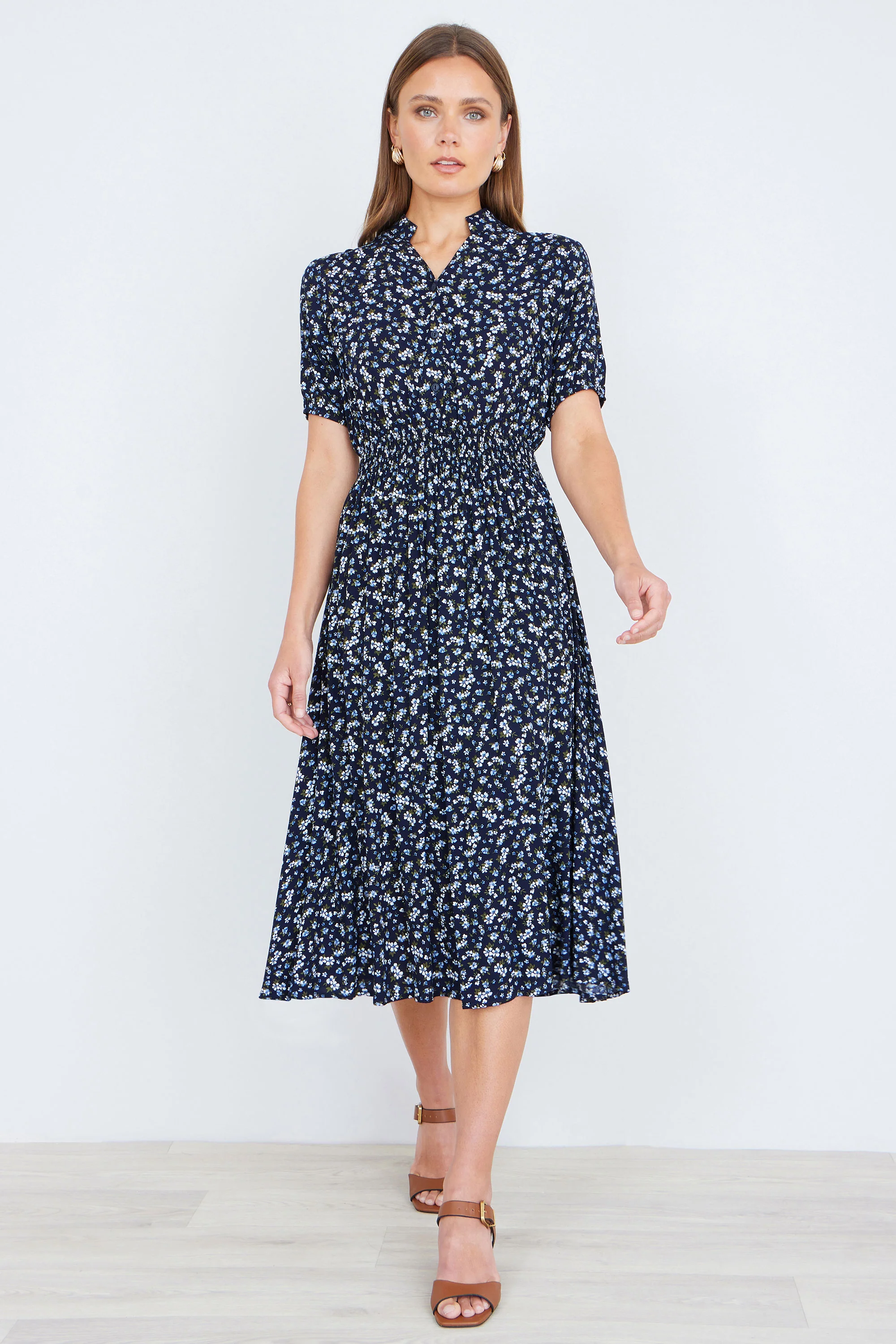 Yumi Navy Ditsy Floral Midi Shirt Dress With Ruched Waist - Image 4