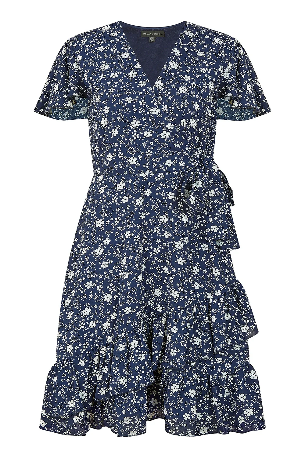 Yumi Navy Ditsy Floral Wrap Frill Dress - Image 4