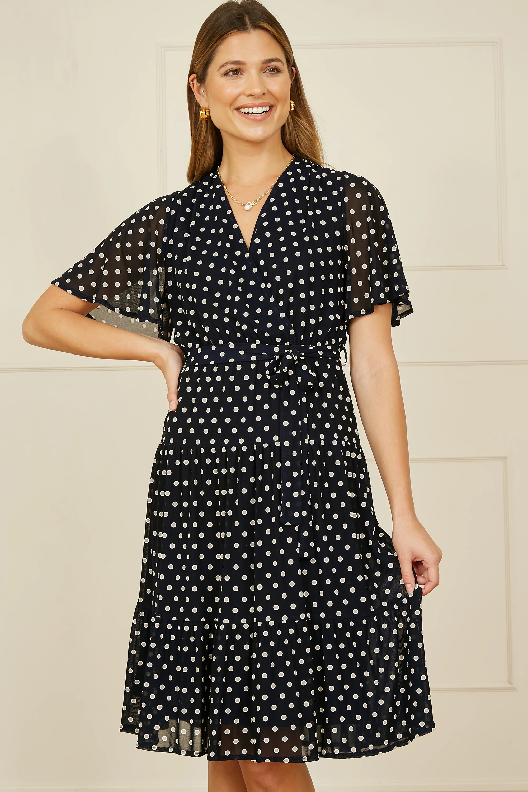 Yumi Navy Dot Print Mesh Stretch Midi Skater Dress - Image 4