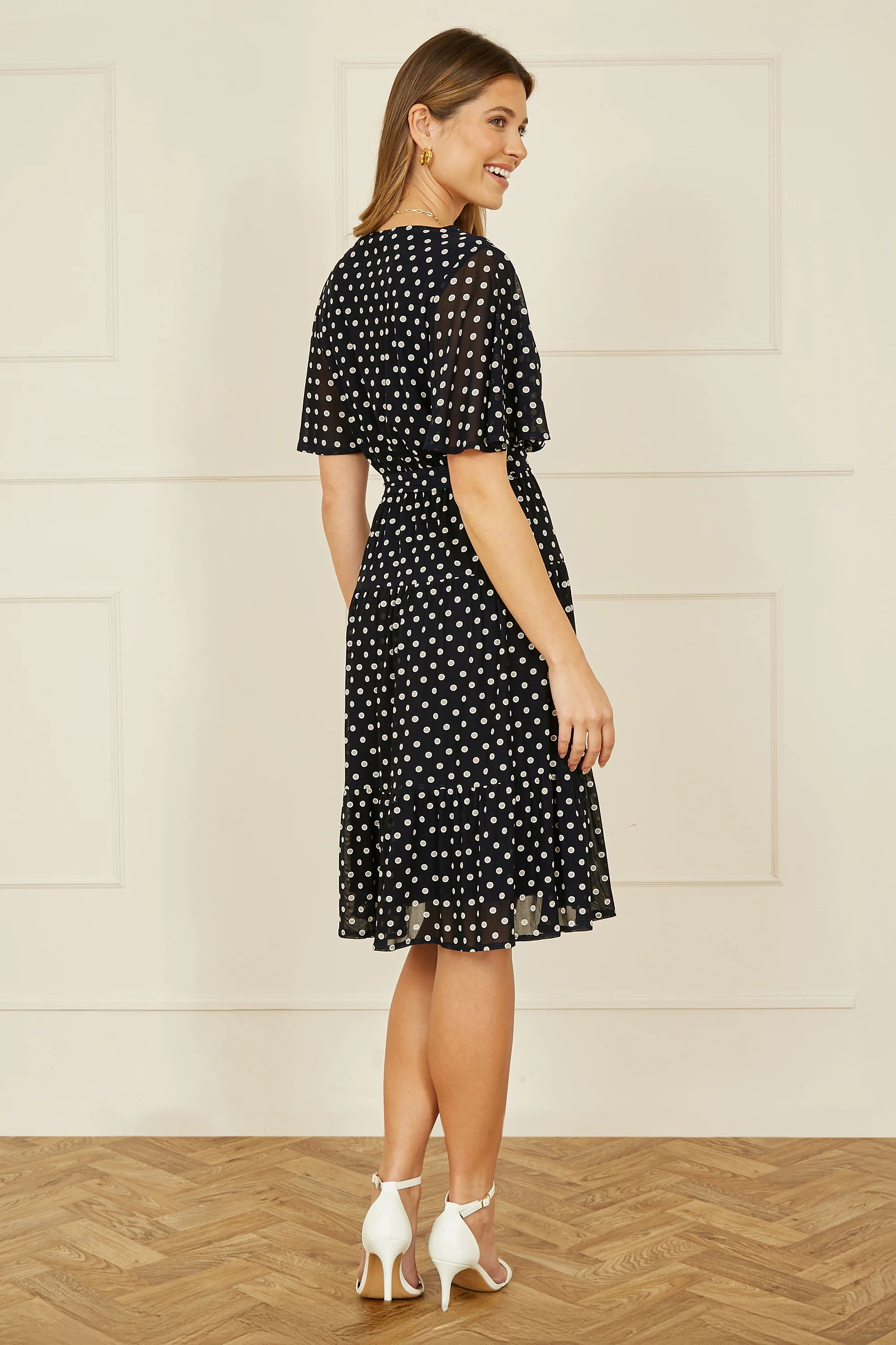 Yumi Navy Dot Print Mesh Stretch Midi Skater Dress - Image 5