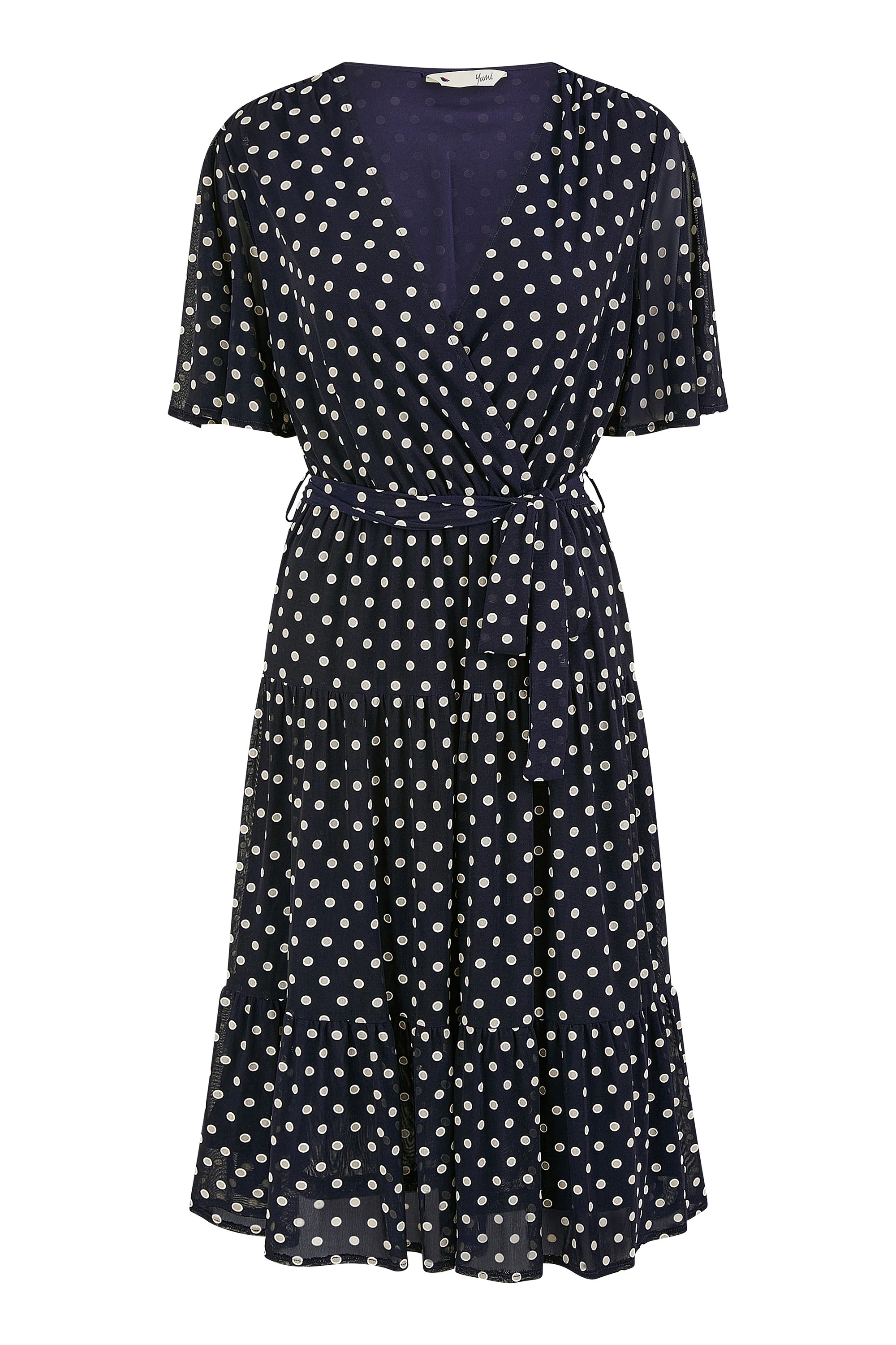 Yumi Navy Dot Print Mesh Stretch Midi Skater Dress - Image 6