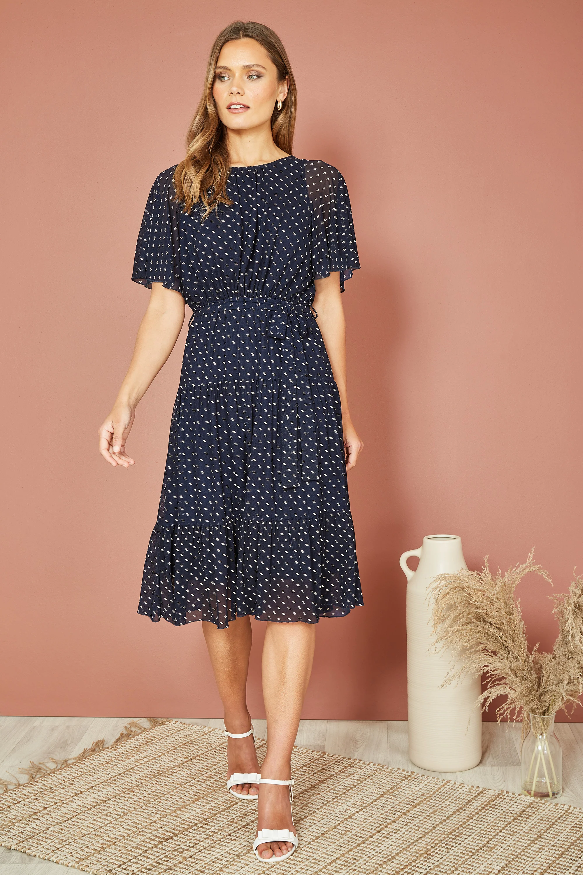 Yumi Navy Dot Print Mesh Stretch Midi Skater Dress - Image 2