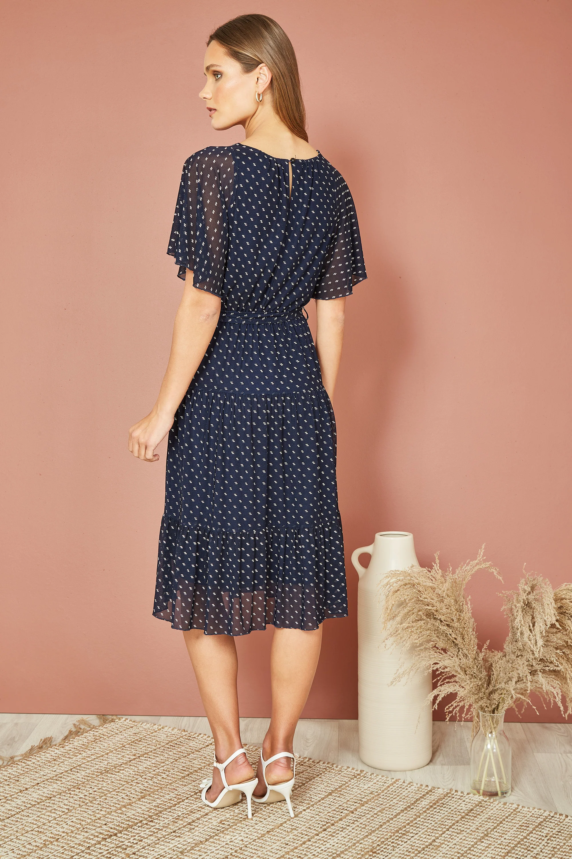 Yumi Navy Dot Print Mesh Stretch Midi Skater Dress - Image 3