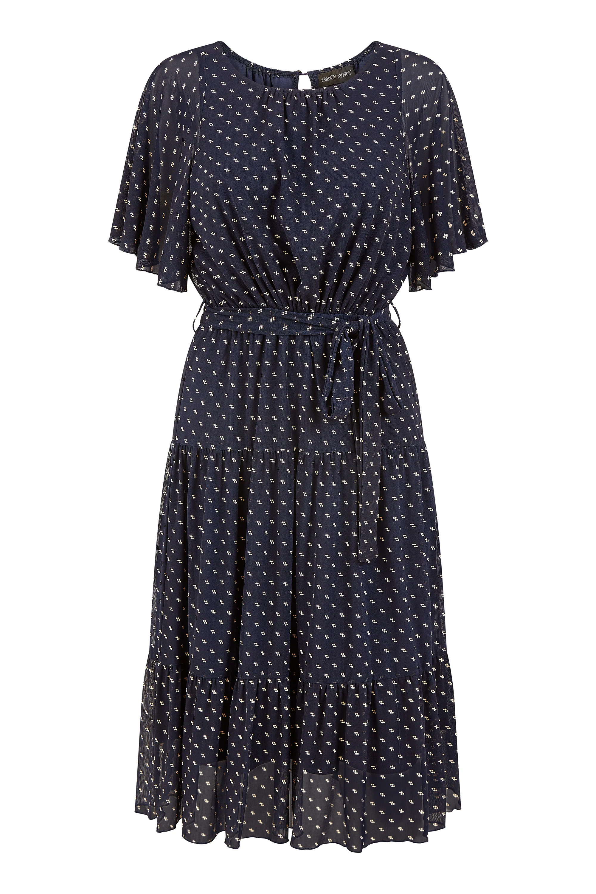 Yumi Navy Dot Print Mesh Stretch Midi Skater Dress - Image 4