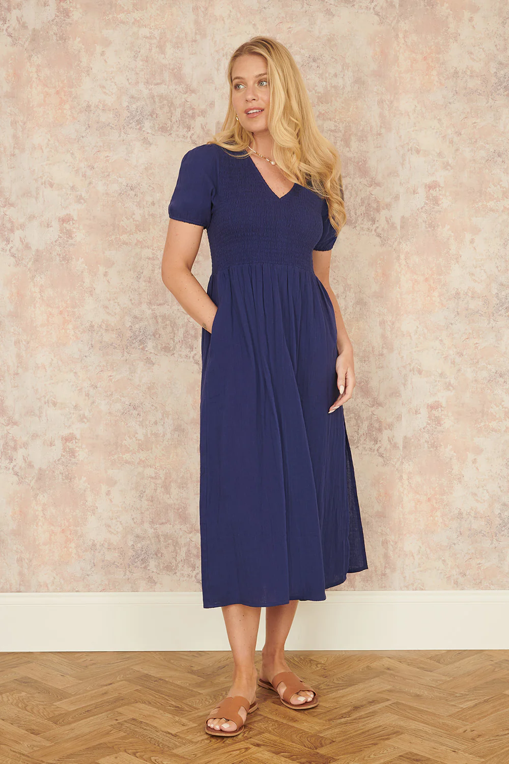 Yumi Navy Double Cotton Ruched Midi Dress - Image 3