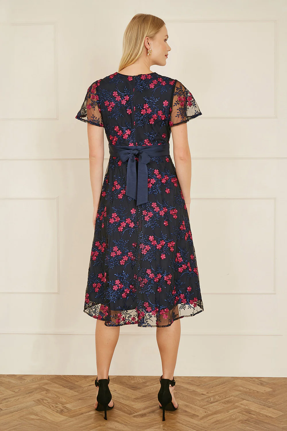 Yumi Navy Embroidered Floral Mesh Wrap Midi Skater Dress - Image 3