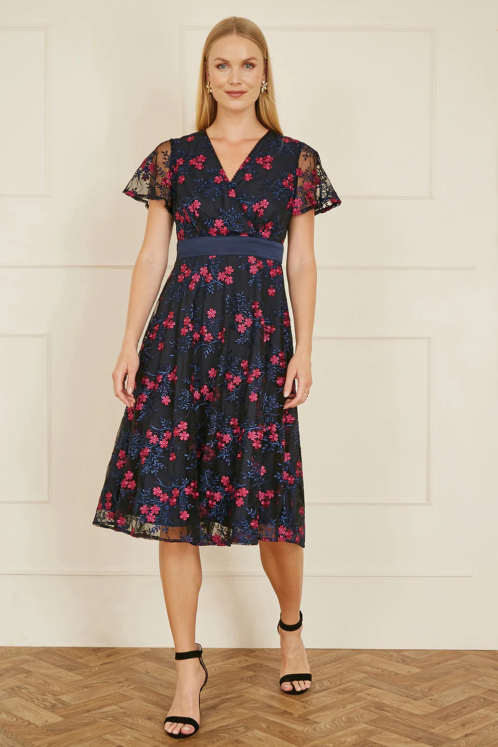 Yumi Navy Embroidered Floral Mesh Wrap Midi Skater Dress - Image 4